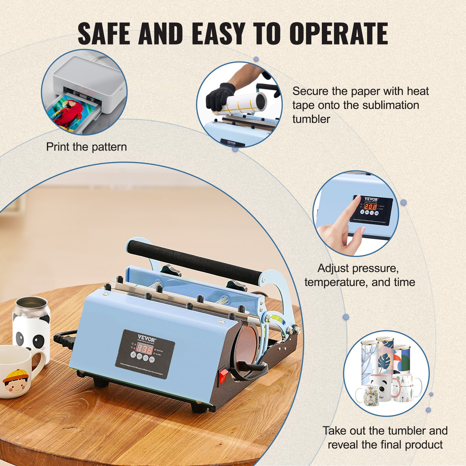 VEVOR Tumbler Heat Press Machine, 11-30oz Mug Press, Heat Up Fast and Even, Tumbler Press with Sublimation Paper, Tape and Gloves, Temp and Time Setting, for Sublimation Tumblers, Cups, Mugs, Blue