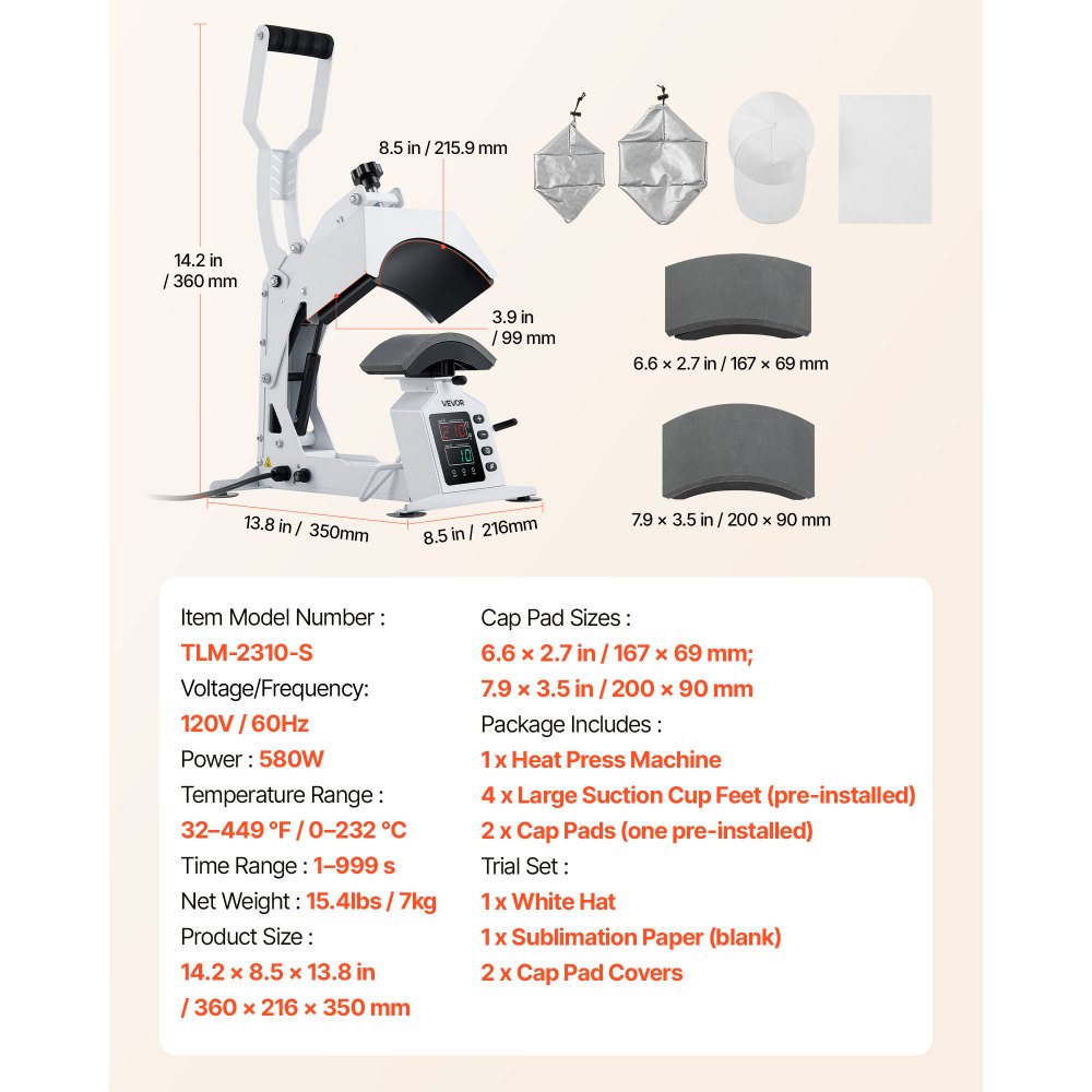 VEVOR Hat Heat Press Machine, with 2 Interchangeable Platens and Caps Stretcher, Precise Temperature & Time Control, Heat Press for Hats and Caps, for HTV Iron On and Sublimation Projects, White