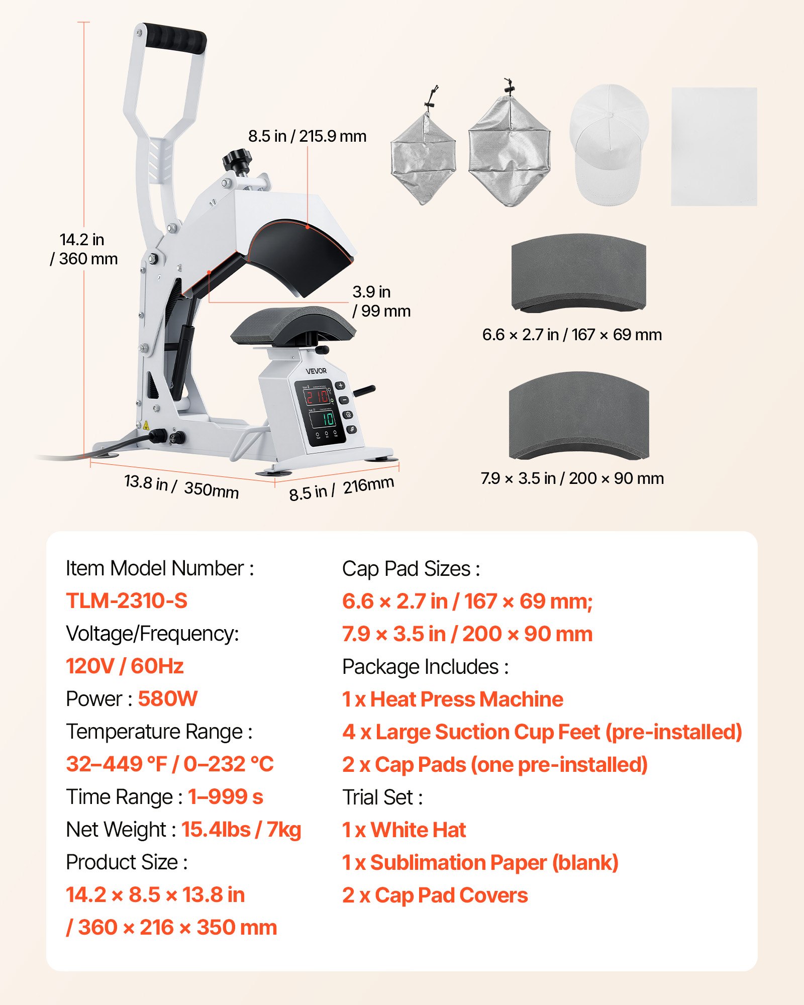 VEVOR Hat Heat Press Machine, with 2 Interchangeable Platens and Caps Stretcher, Precise Temperature & Time Control, Heat Press for Hats and Caps, for HTV Iron On and Sublimation Projects, White