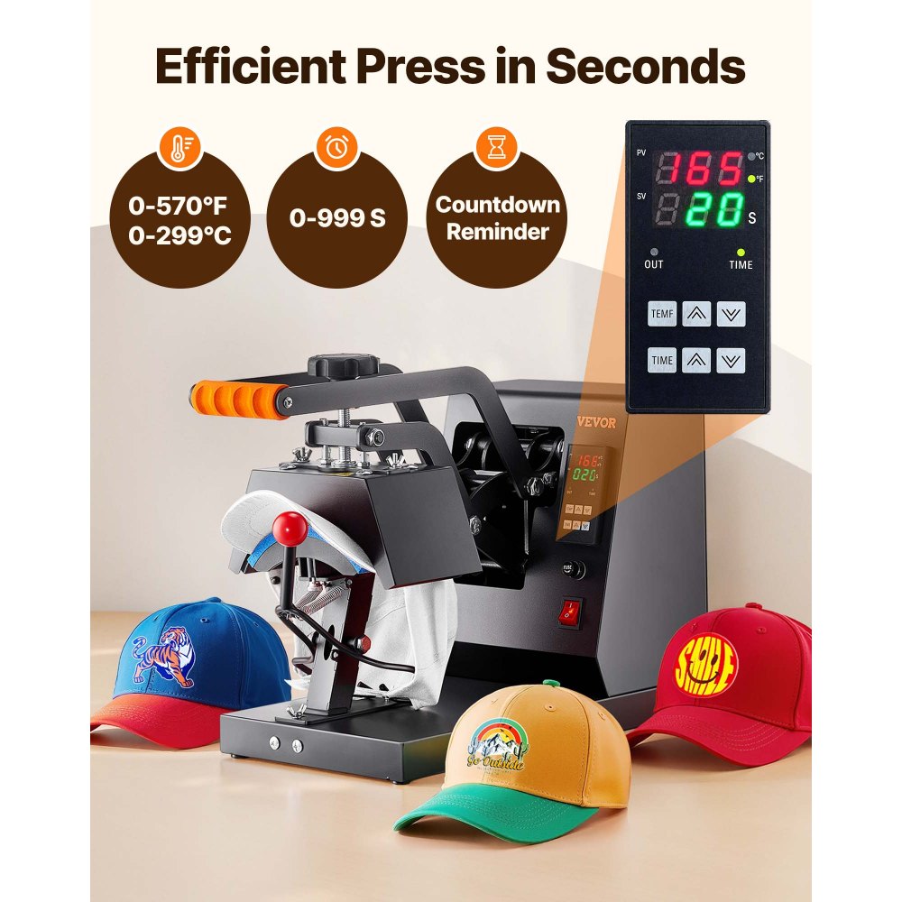 VEVOR Hat Heat Press, 4-in-1 Cap Heat Press Machine, 15.24 x 7.6 cm Clamshell Sublimation Transfer, LCD Digital Timer Temperature Control with 4pcs Curved Heating Elements (15.24 x 7.6/17x6.86/17x6.86/20.57x8.89 cm)