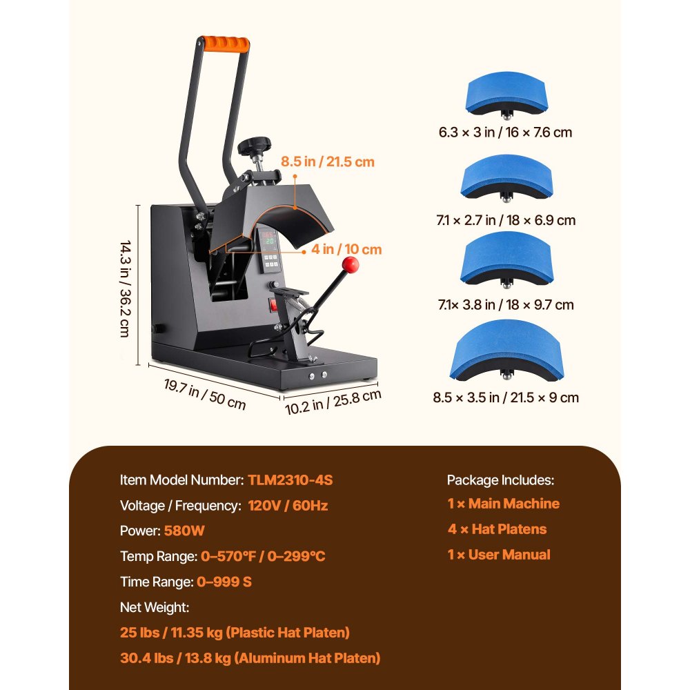 VEVOR Hat Heat Press, 4-in-1 Cap Heat Press Machine, 15.24 x 7.6 cm Clamshell Sublimation Transfer, LCD Digital Timer Temperature Control with 4pcs Curved Heating Elements (15.24 x 7.6/17x6.86/17x6.86/20.57x8.89 cm)