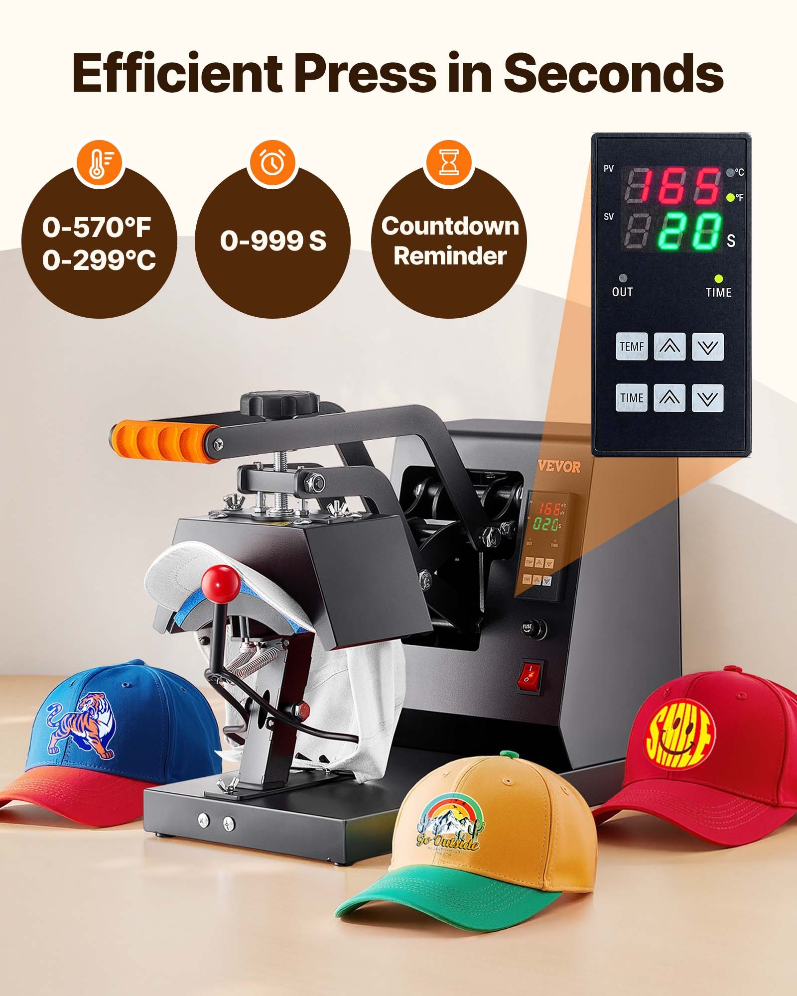 VEVOR Hat Heat Press, 4-in-1 Cap Heat Press Machine, 15.24 x 7.6 cm Clamshell Sublimation Transfer, LCD Digital Timer Temperature Control with 4pcs Curved Heating Elements (15.24 x 7.6/17x6.86/17x6.86/20.57x8.89 cm)