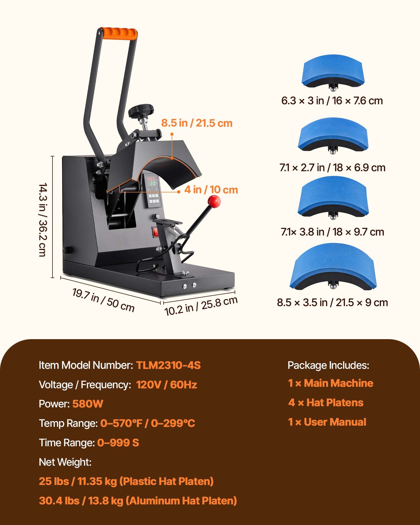 VEVOR Hat Heat Press, 4-in-1 Cap Heat Press Machine, 15.24 x 7.6 cm Clamshell Sublimation Transfer, LCD Digital Timer Temperature Control with 4pcs Curved Heating Elements (15.24 x 7.6/17x6.86/17x6.86/20.57x8.89 cm)