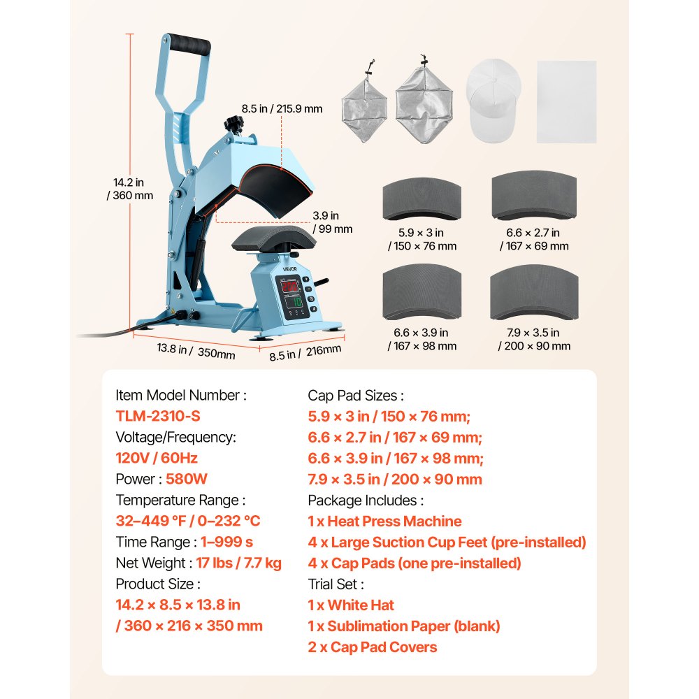 VEVOR Hat Heat Press Machine, with 4 Interchangeable Platens and Caps Stretcher, Precise Temperature & Time Control, Heat Press for Hats and Caps, for HTV Iron On and Sublimation Projects, Light Blue