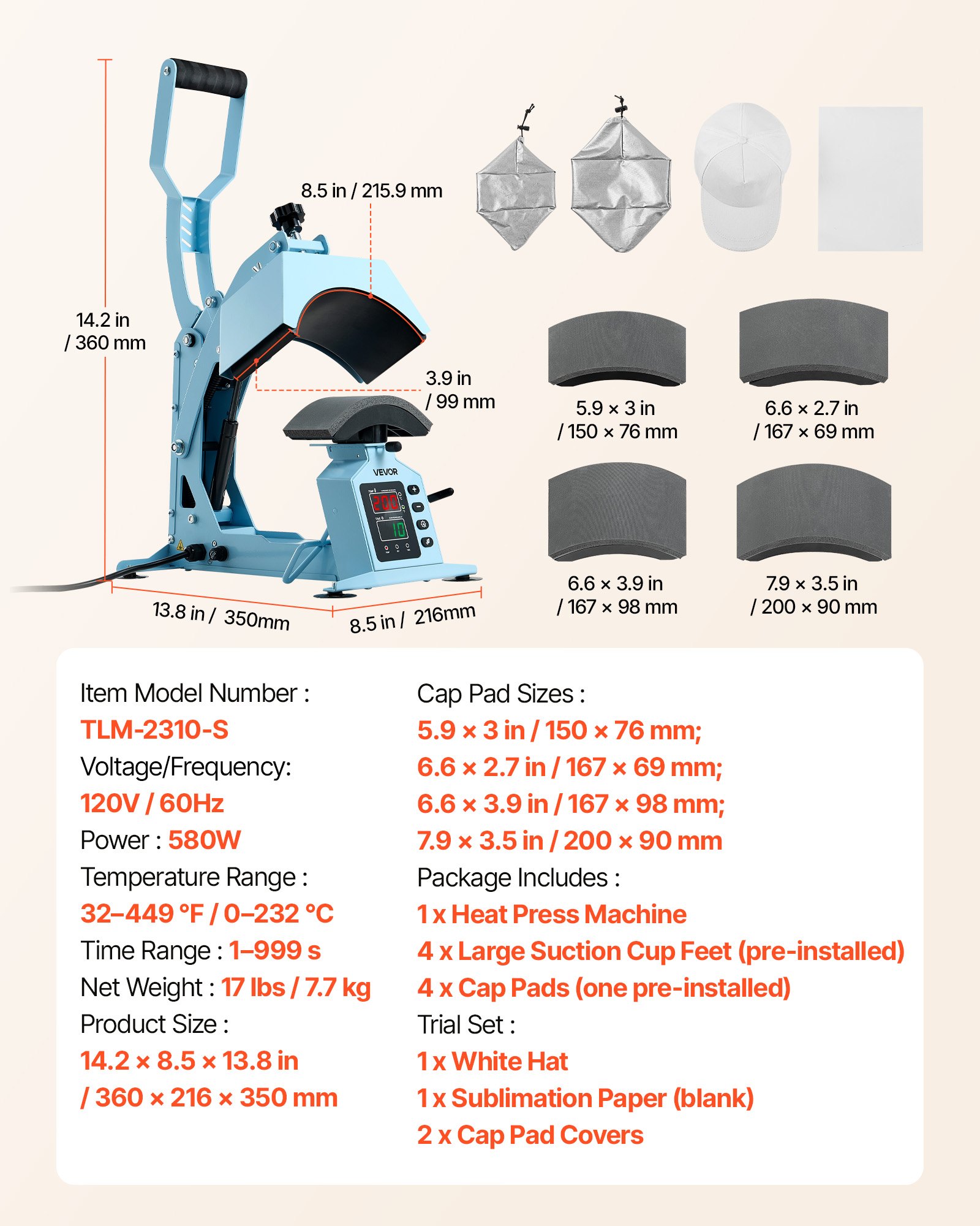 VEVOR Hat Heat Press Machine, with 4 Interchangeable Platens and Caps Stretcher, Precise Temperature & Time Control, Heat Press for Hats and Caps, for HTV Iron On and Sublimation Projects, Light Blue