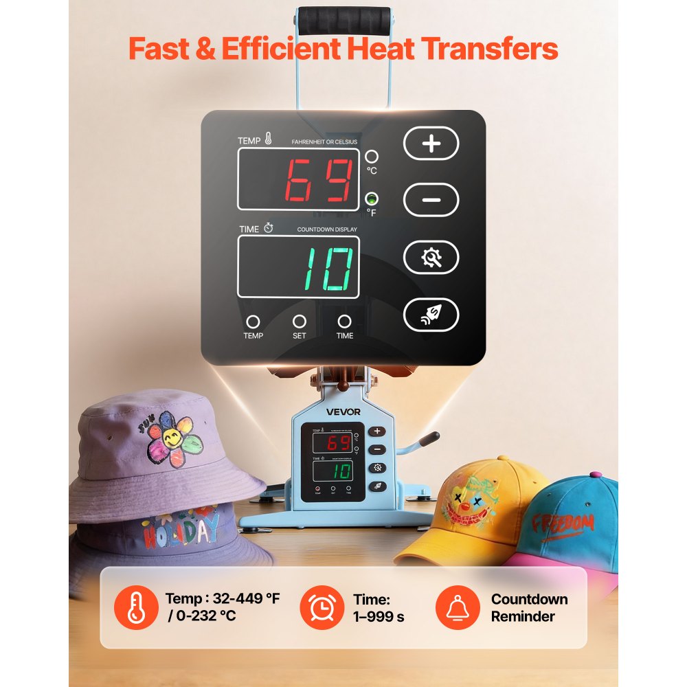 VEVOR Hat Heat Press Machine, with 2 Interchangeable Platens and Caps Stretcher, Precise Temperature & Time Control, Heat Press for Hats and Caps, for HTV Iron On and Sublimation Projects, Light Blue