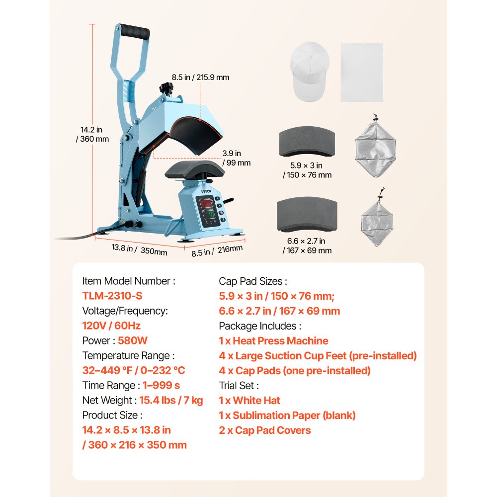 VEVOR Hat Heat Press Machine, with 2 Interchangeable Platens and Caps Stretcher, Precise Temperature & Time Control, Heat Press for Hats and Caps, for HTV Iron On and Sublimation Projects, Light Blue