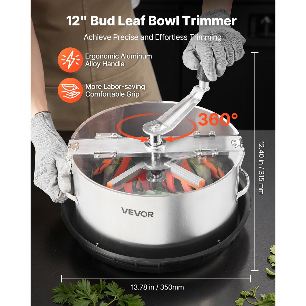 VEVOR Manual Bud Leaf Trimmer, 12 in Reaper Bowl Bud Trimmer with Stainless Steel Blades, Visual Cutting , Wet & Dry Hydroponic Cutting Machine with Tray, Twisted Spin Cut for Plant Buds Flowers