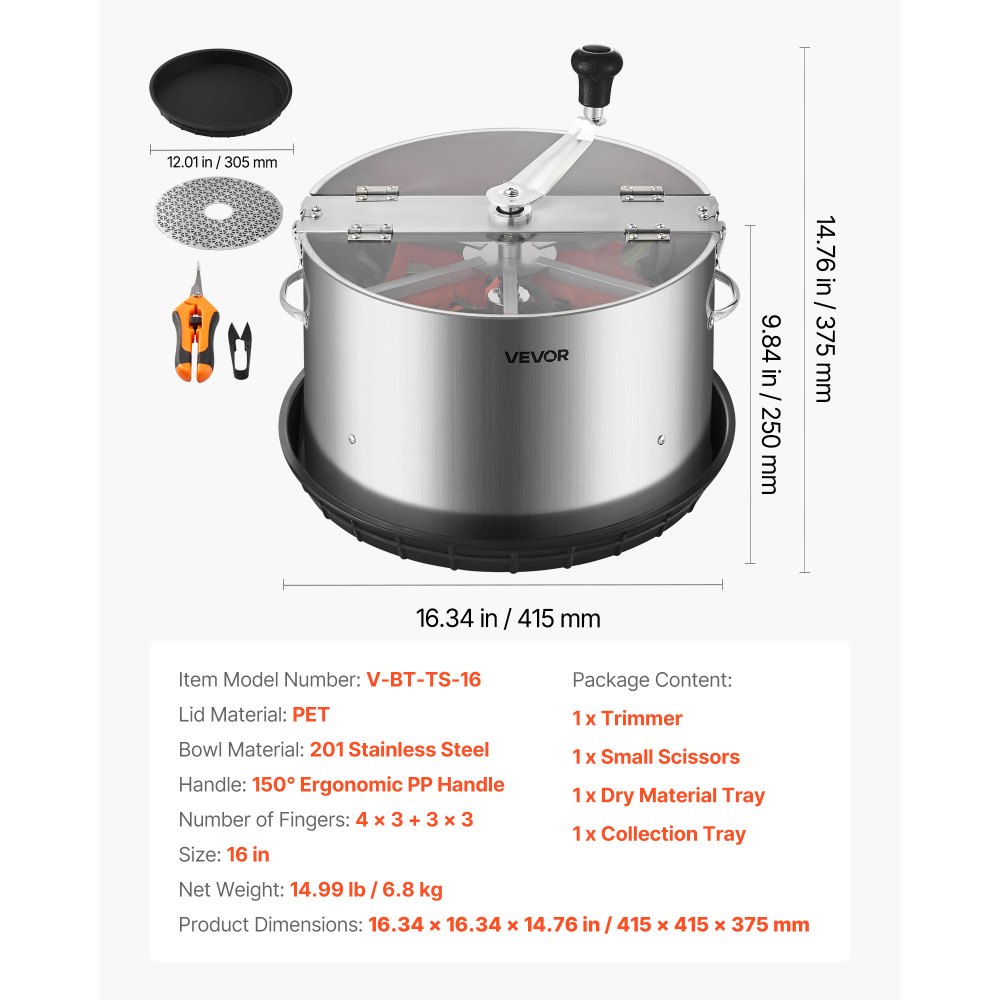 VEVOR Manual Bud Leaf Trimmer, 370mm  Reaper Bowl Bud Trimmer with Stainless Steel Blades, Visual Cutting, Wet & Dry Hydroponic Cutting Machine with Tray, Twisted Spin Cut for Plant Buds Flowers