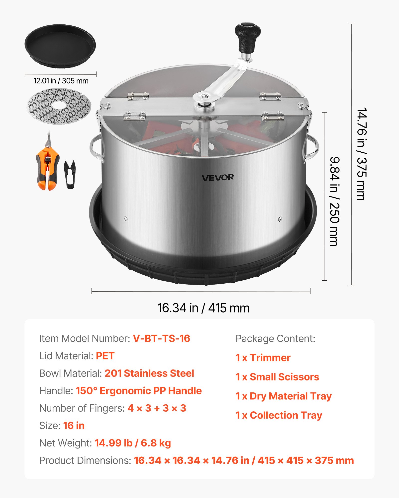 VEVOR Manual Bud Leaf Trimmer, 370mm  Reaper Bowl Bud Trimmer with Stainless Steel Blades, Visual Cutting, Wet & Dry Hydroponic Cutting Machine with Tray, Twisted Spin Cut for Plant Buds Flowers