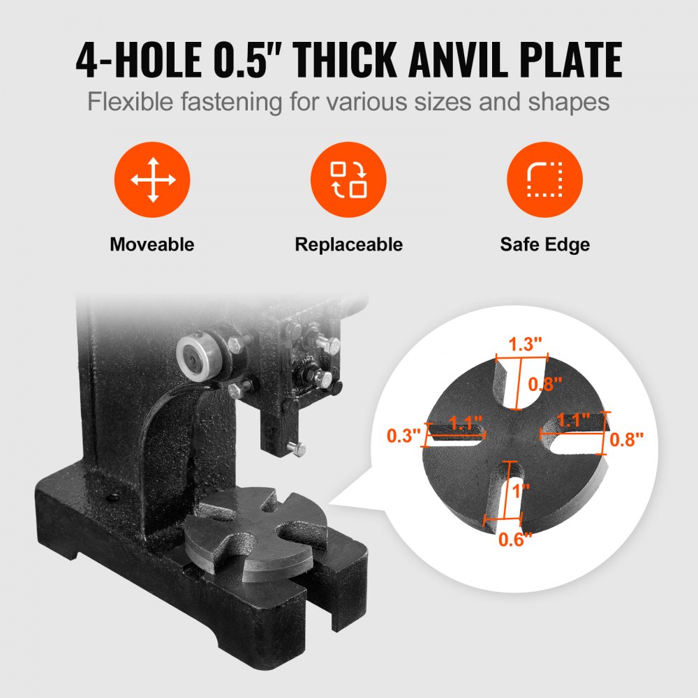 VEVOR arbor press with 4-hole 0.5&quot; anvil plate, featuring moveable, replaceable, and safe edge.