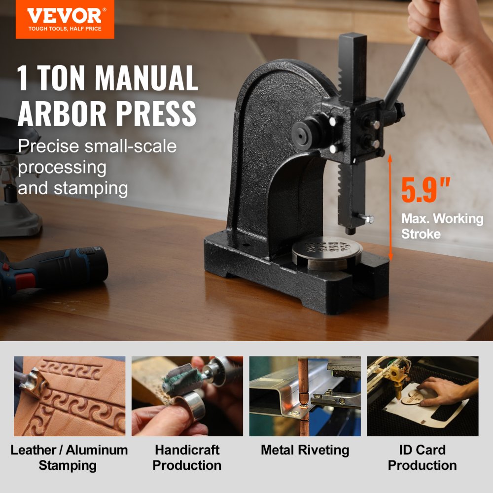VEVOR Arbor Press 1 Ton Manual Arbor Press 5.9 Maximum Height Cast Iron Heavy-Duty Manual Desktop Arbor Press Precision Hand Press for Stamping