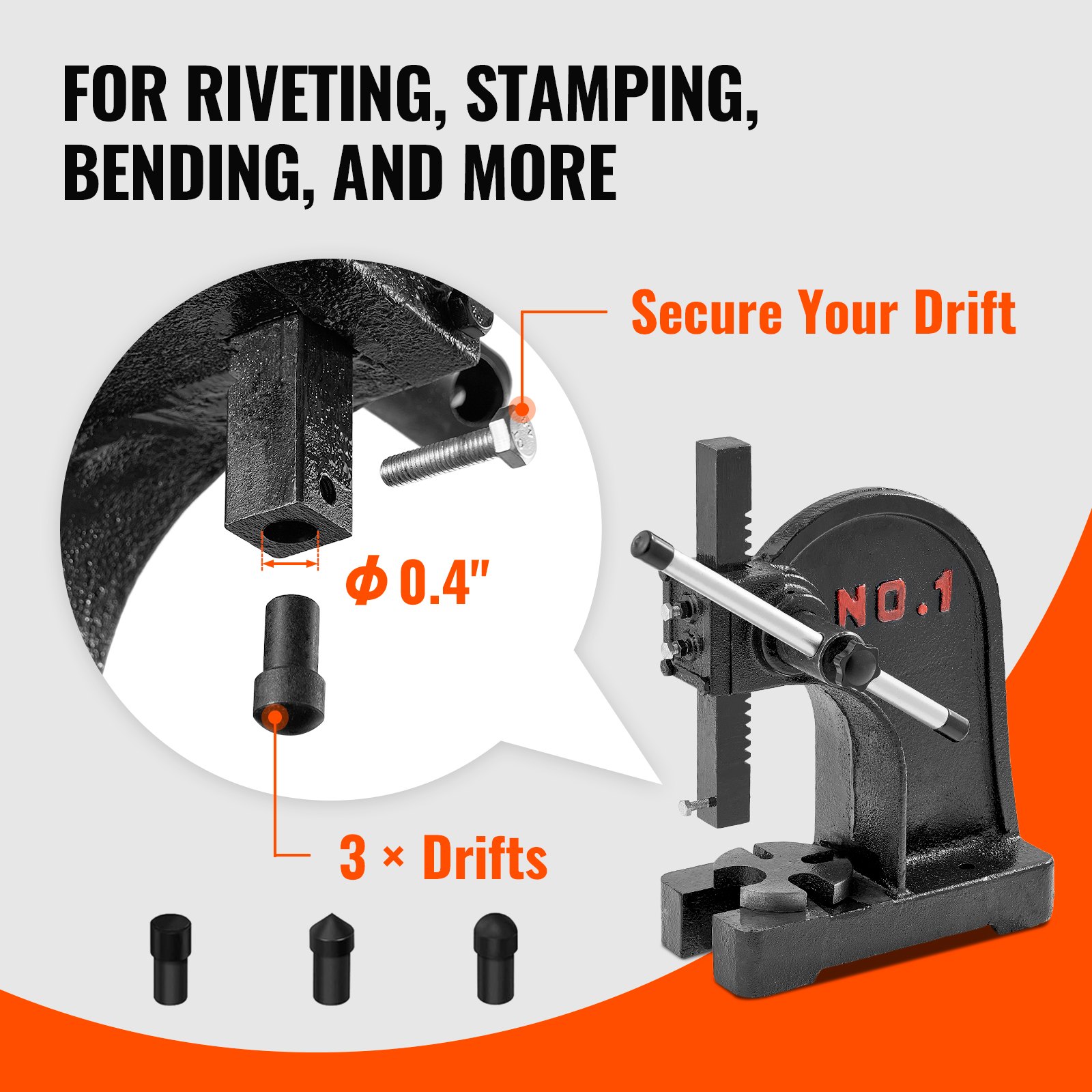 VEVOR arbor press for riveting, stamping, bending. includes secure drift, ø0.4&quot; bit, and 3 drifts.