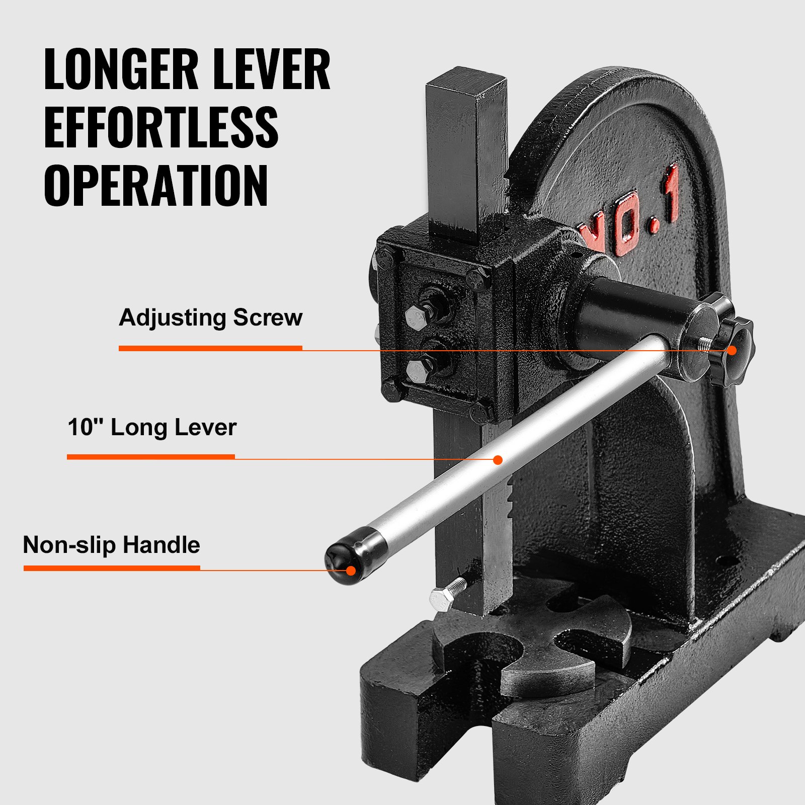 VEVOR arbor press featuring a longer 10&quot; lever, adjusting screw, and non-slip handle for effortless operation.