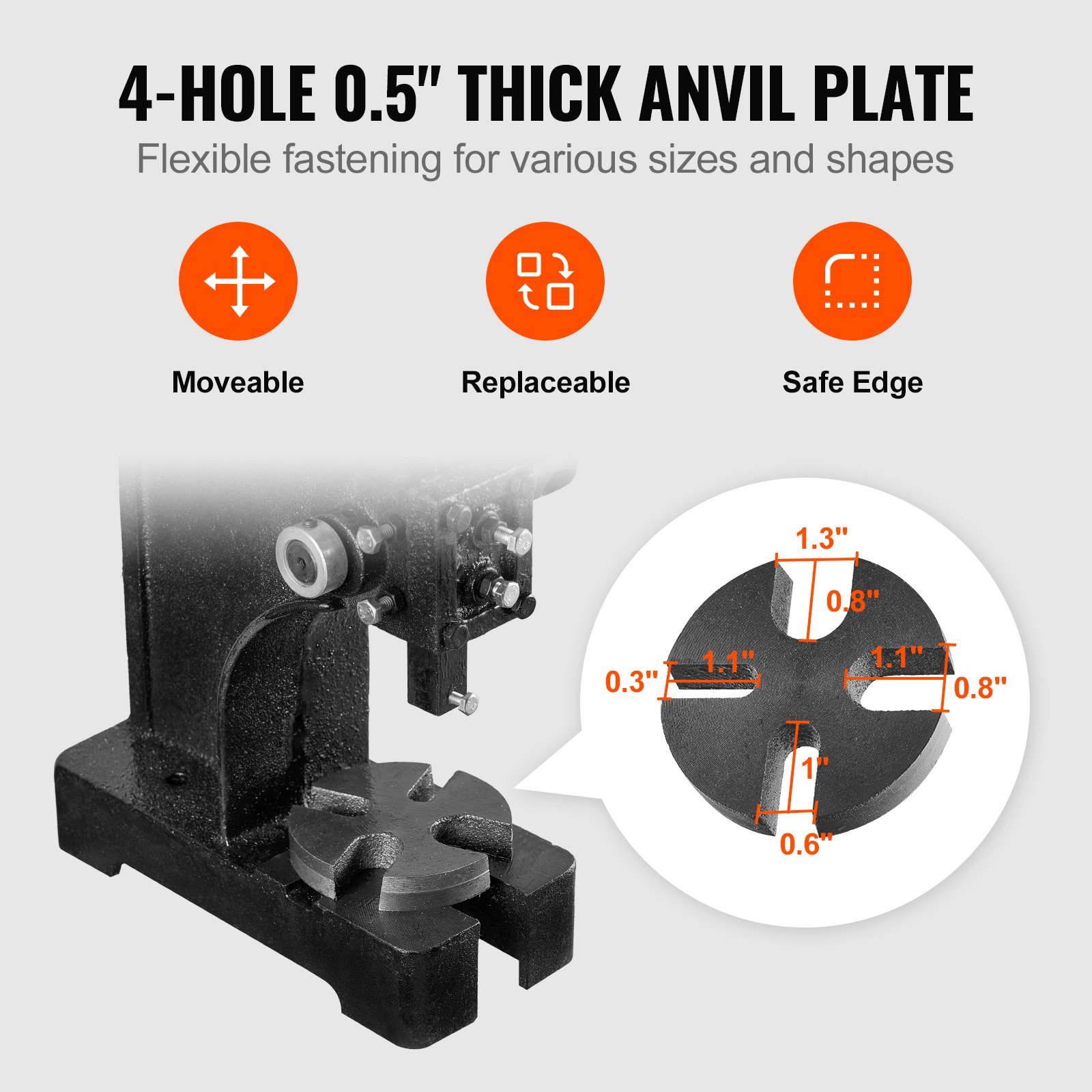 VEVOR arbor press with 4-hole 0.5&quot; anvil plate, featuring moveable, replaceable, and safe edge.
