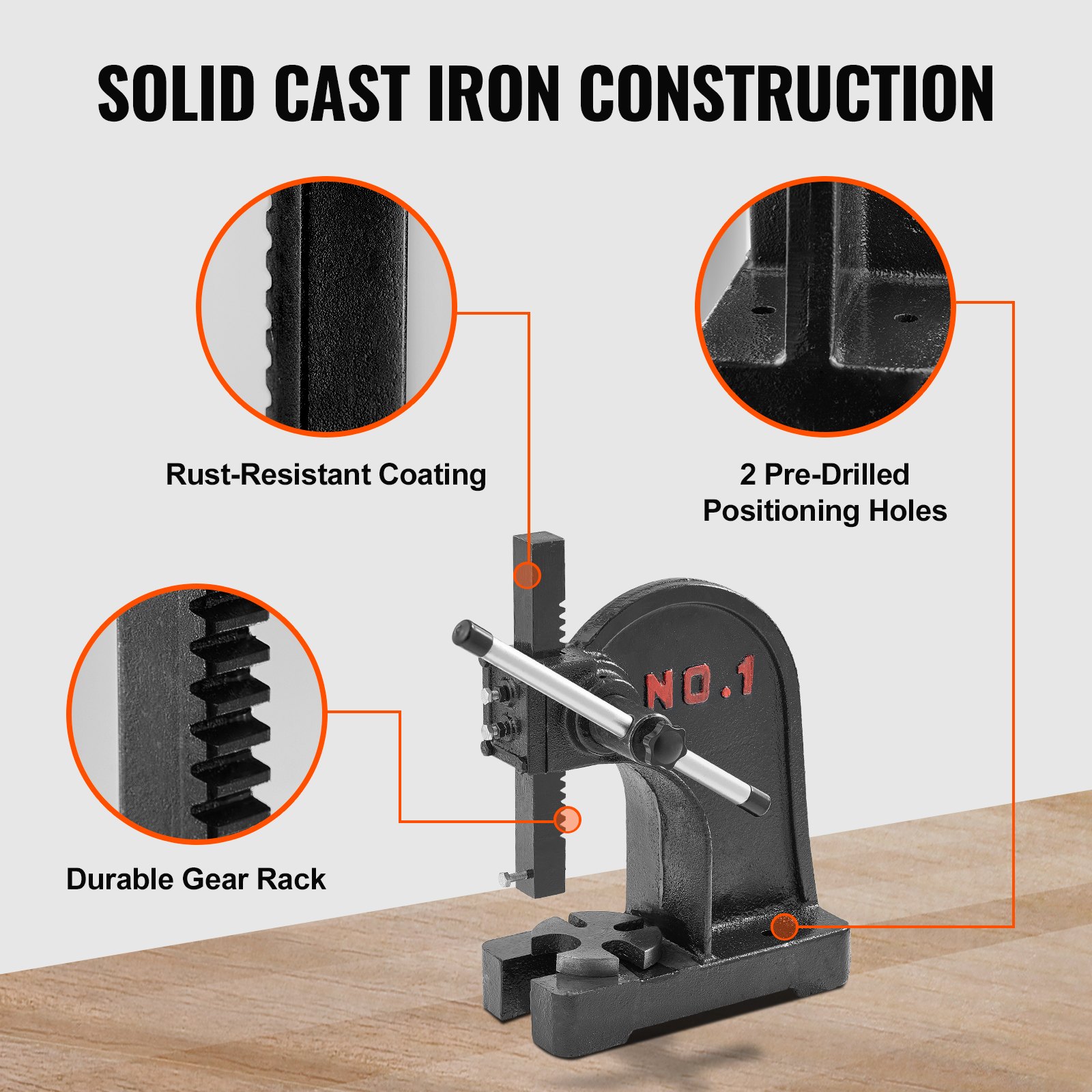 VEVOR arbor press with solid cast iron construction, rust-resistant coating, and durable gear rack.