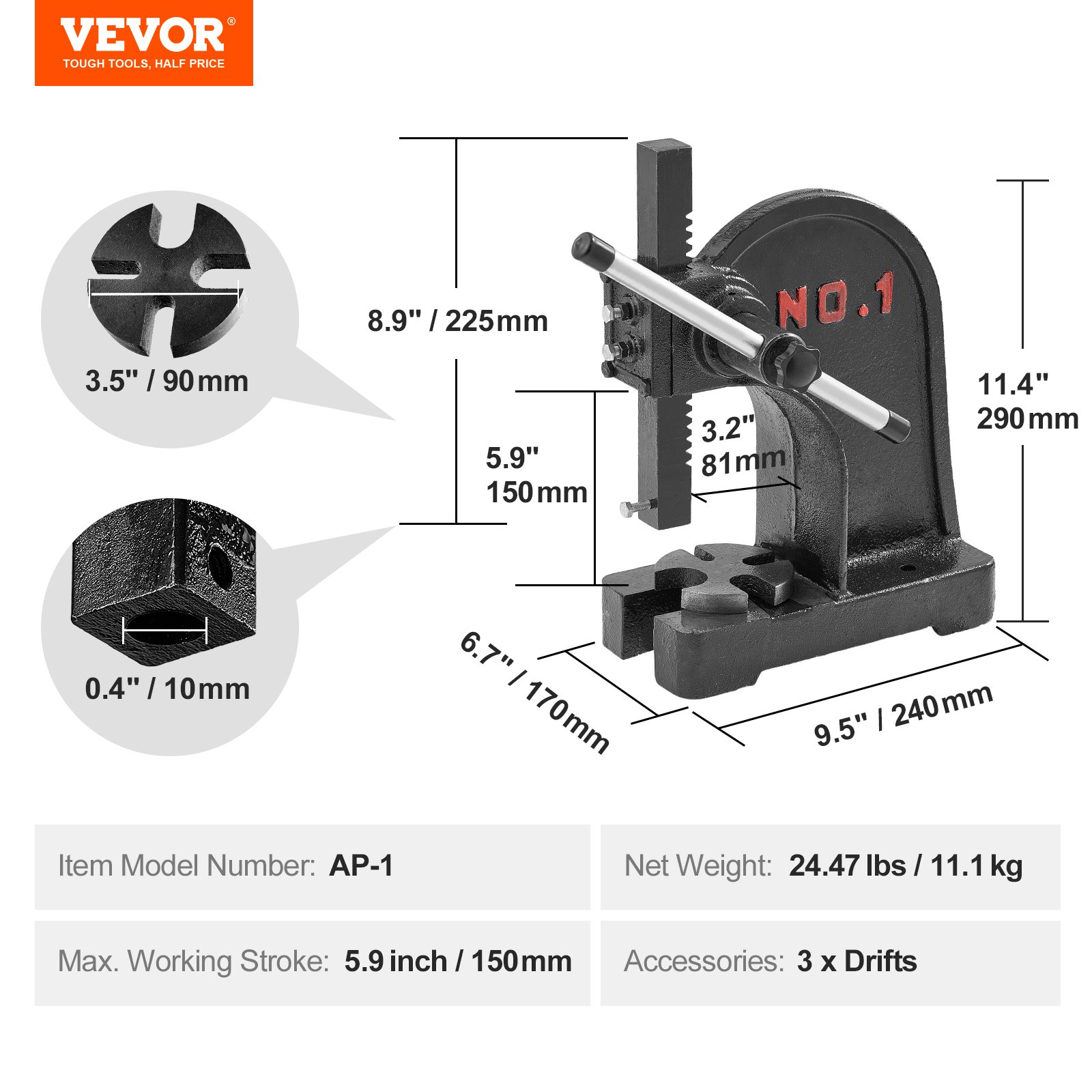 VEVOR arbor press ap-1, 11.1 kg, 150 mm working stroke, accessories: 3 drifts, detailed dimensions.