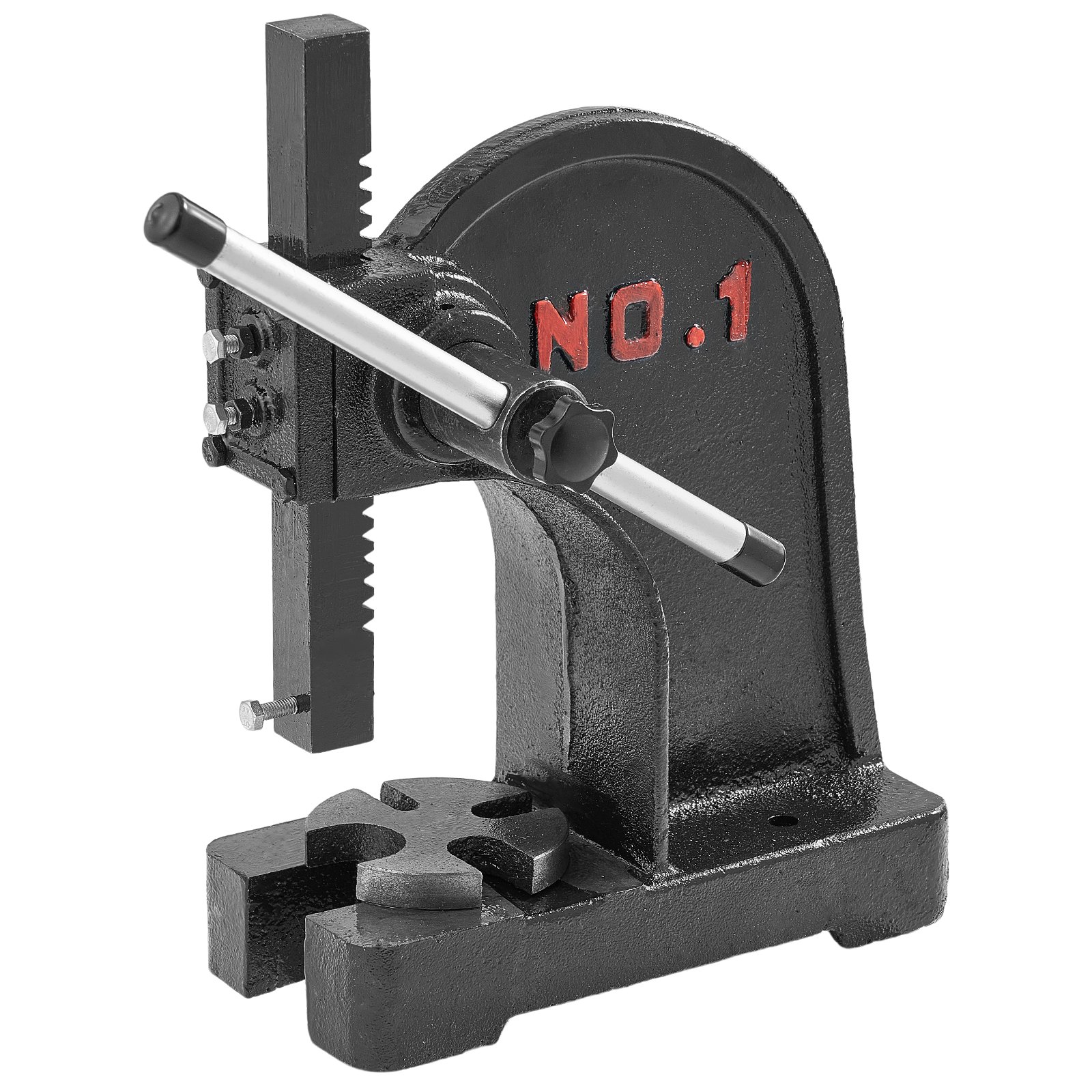 VEVOR arbor press no. 1 with a sturdy black cast iron body and a chrome handle.