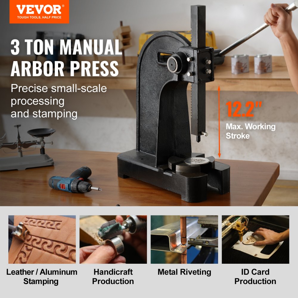 VEVOR Arbor Press, 3 Ton Manual Arbor Press, 12.2 Maximum Height, Cast  Iron Heavy-duty Manual Desktop Arbor Press, Precision Hand Press for  Stamping, Bending, Stretching, Forming