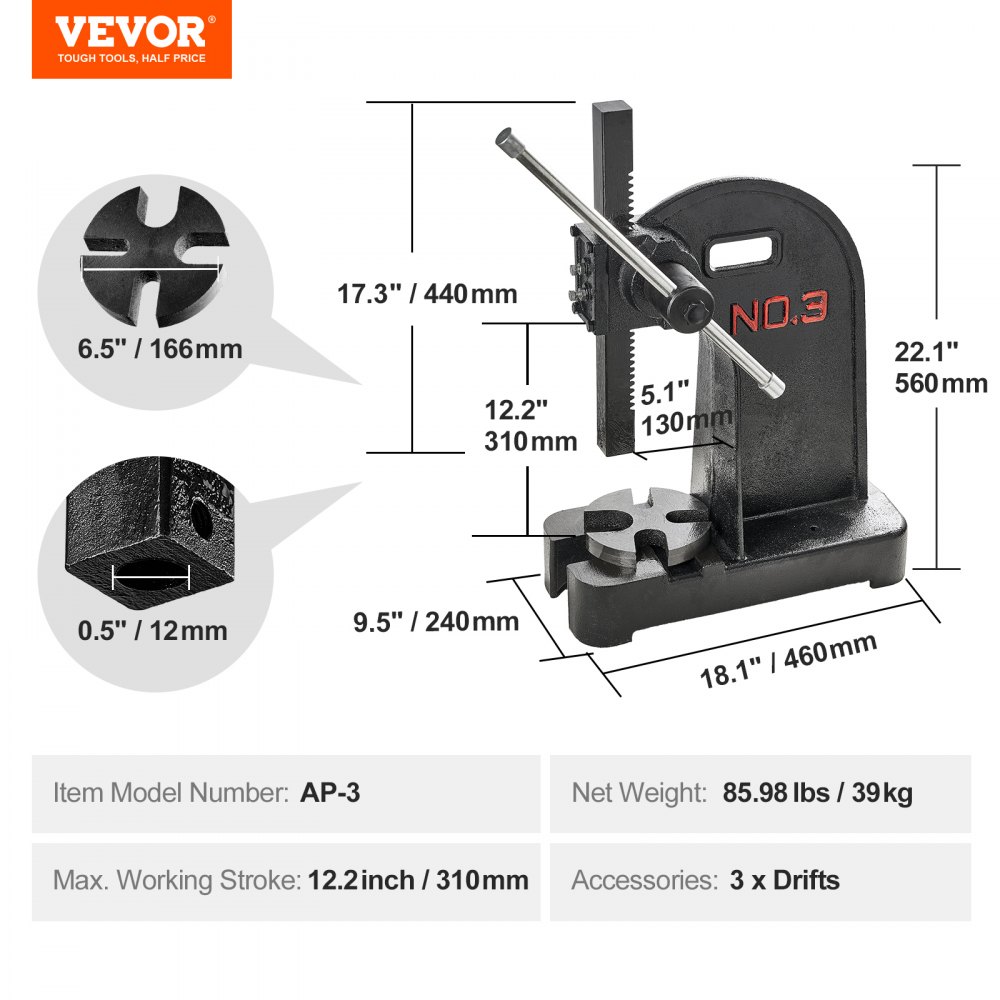 VEVOR Arbor Press, 3 Ton Manual Arbor Press, 310 mm Maximum Height, Cast Iron Heavy-duty Manual Desktop Arbor Press, Precision Hand Press for Stamping, Bending, Stretching, Forming