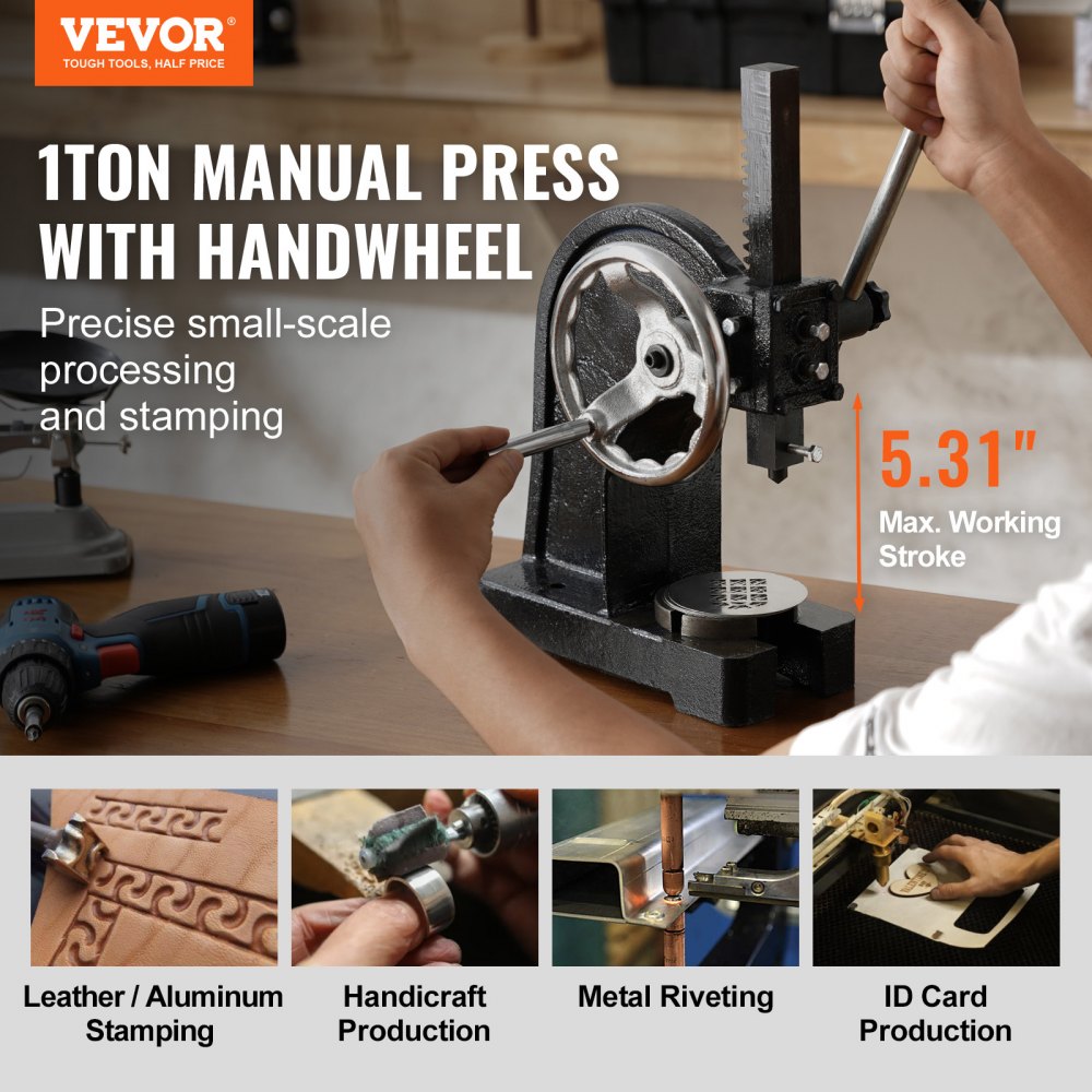 VEVOR Arbor Press, 1 Ton Manual with Handwheel, 5.9" Max Height, Durable Cast Iron Construction, Desktop Manual Press for Stamping, Bending, Stretching, Forming Tasks