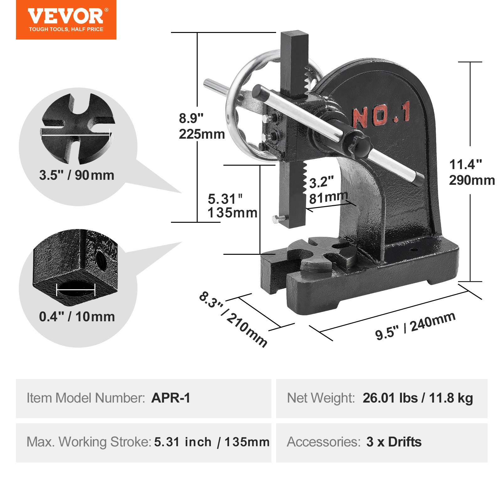 VEVOR Arbor Press, 1 Ton Manual with Handwheel, 5.9" Max Height, Durable Cast Iron Construction, Desktop Manual Press for Stamping, Bending, Stretching, Forming Tasks