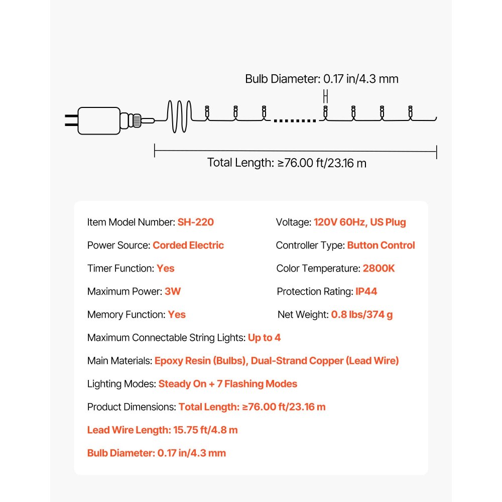VEVOR LED Christmas String Lights, 200 LED, 76 ft Connectable Warm White Christmas Lights Outdoor, with 8 Modes, Auto Timer, Twinkle Fairy Lighting Plug in, Waterproof for Tree Yard Patio Decoration