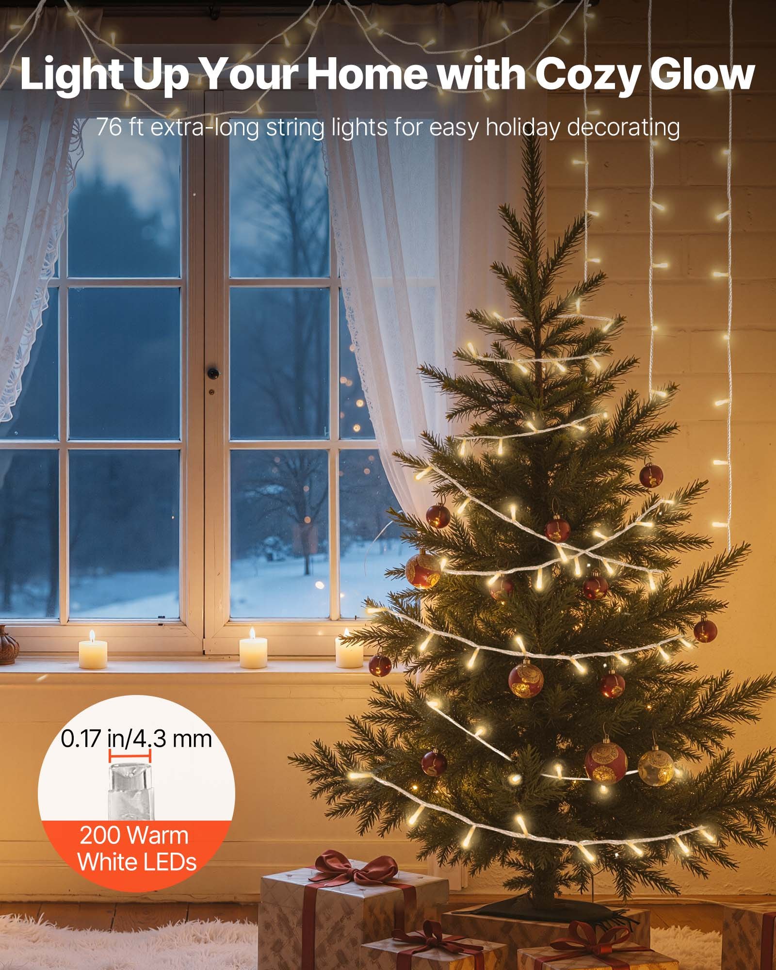 VEVOR LED Christmas String Lights, 200 LED, 76 ft Connectable Warm White Christmas Lights Outdoor, with 8 Modes, Auto Timer, Twinkle Fairy Lighting Plug in, Waterproof for Tree Yard Patio Decoration