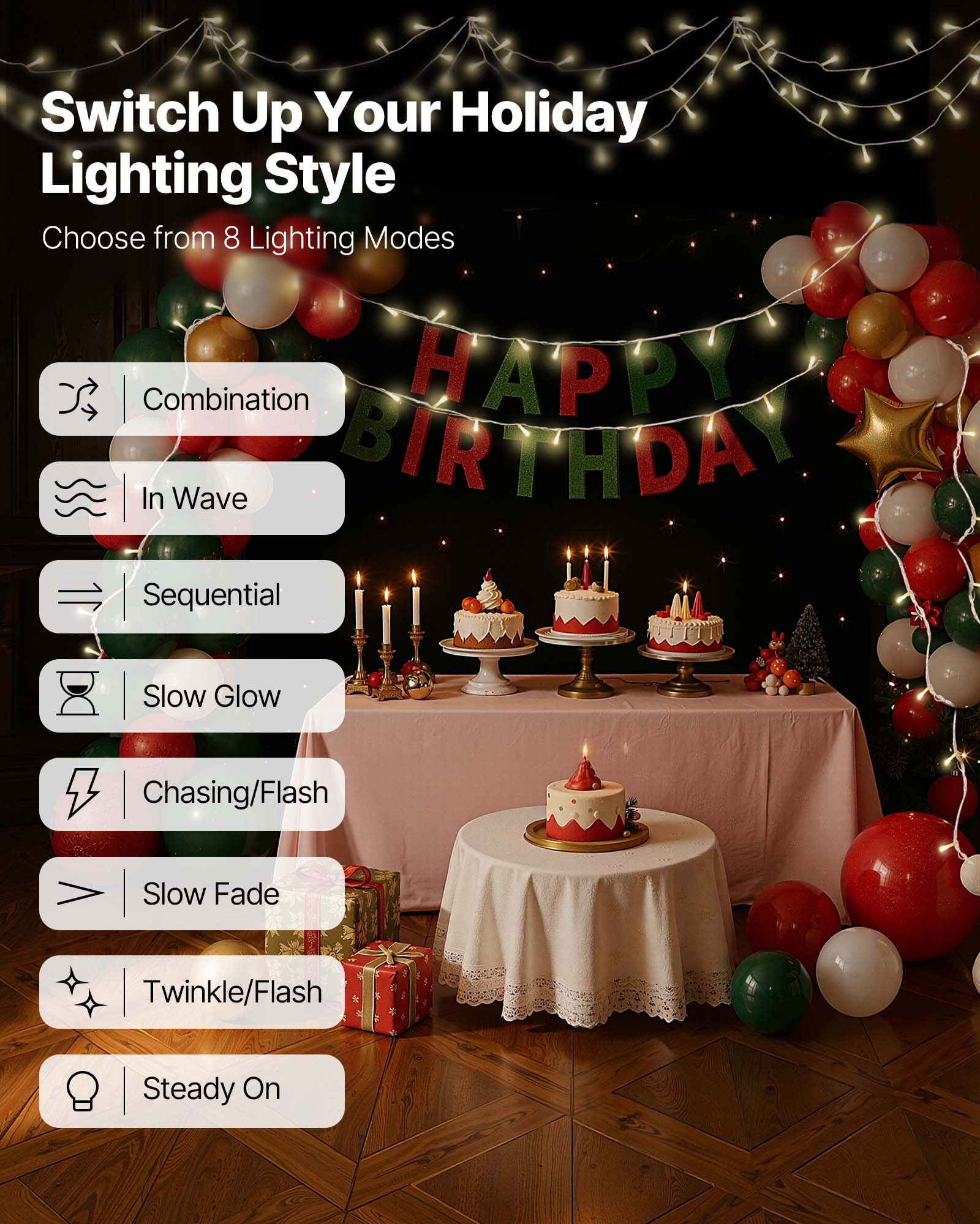 VEVOR LED Christmas String Lights, 200 LED, 76 ft Connectable Warm White Christmas Lights Outdoor, with 8 Modes, Auto Timer, Twinkle Fairy Lighting Plug in, Waterproof for Tree Yard Patio Decoration