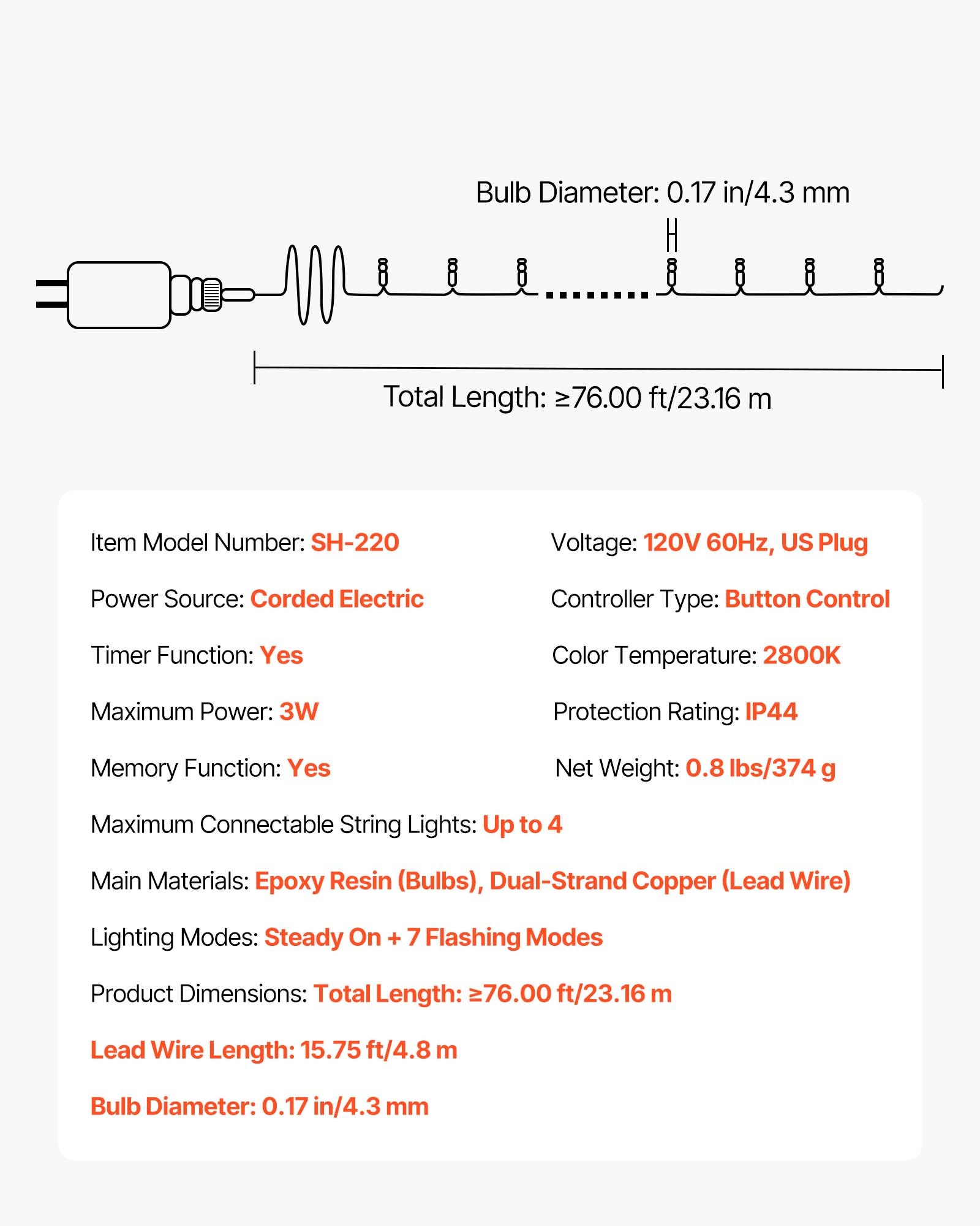 VEVOR LED Christmas String Lights, 200 LED, 76 ft Connectable Warm White Christmas Lights Outdoor, with 8 Modes, Auto Timer, Twinkle Fairy Lighting Plug in, Waterproof for Tree Yard Patio Decoration