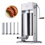 VEVOR sausage stuffer with stuffing tubes and cooked sausages on a wooden plate. stainless steel design.