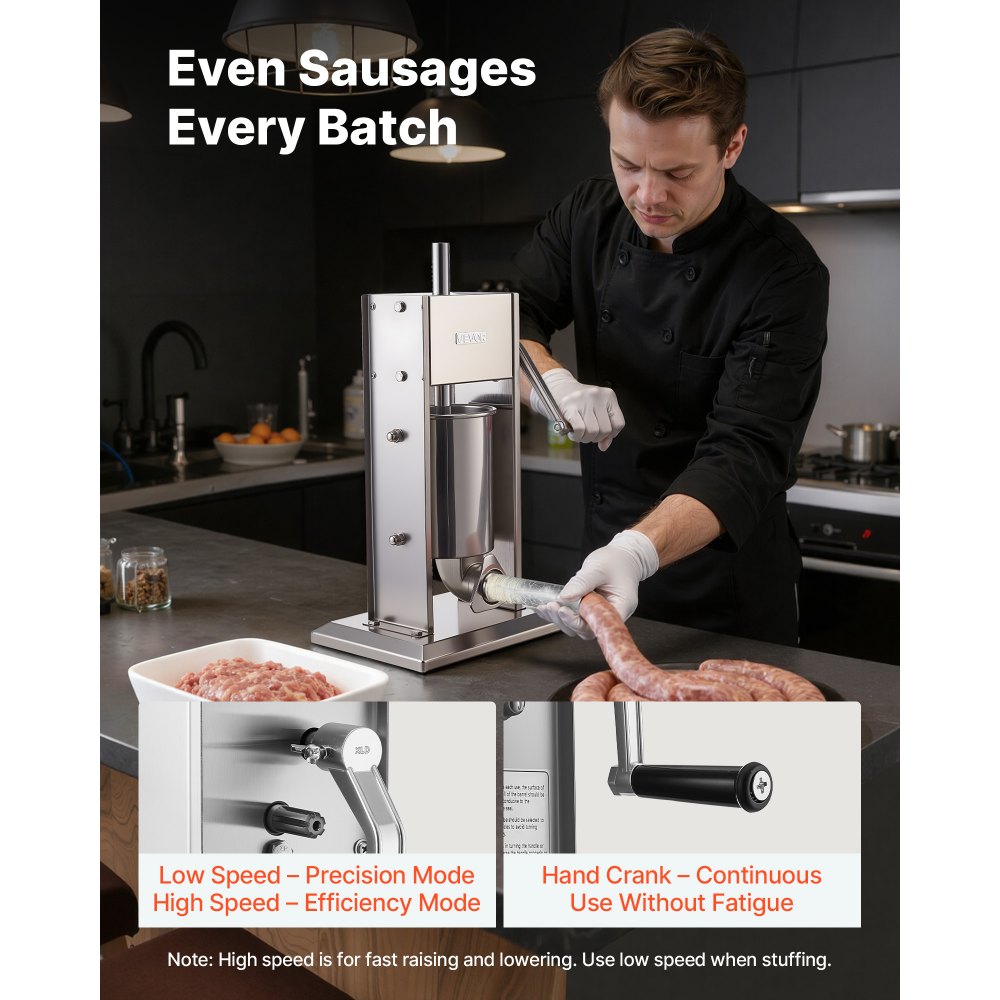 VEVOR Manual Sausage Stuffer, 7 LBS / 3 L Vertical Meat Stuffer, Heavy Duty Sausage Casing Meat Stuffing Machine, Dual-Speed Stainless Steel Filler with 5 Filling Tubes, for Commercial and Home Use