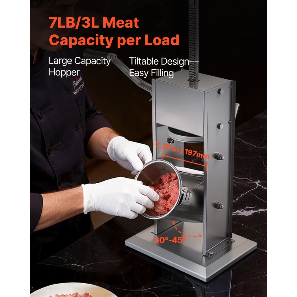 VEVOR Manual Sausage Stuffer, 7 LBS / 3 L Vertical Meat Stuffer, Heavy Duty Sausage Casing Meat Stuffing Machine, Dual-Speed Stainless Steel Filler with 5 Filling Tubes, for Commercial and Home Use