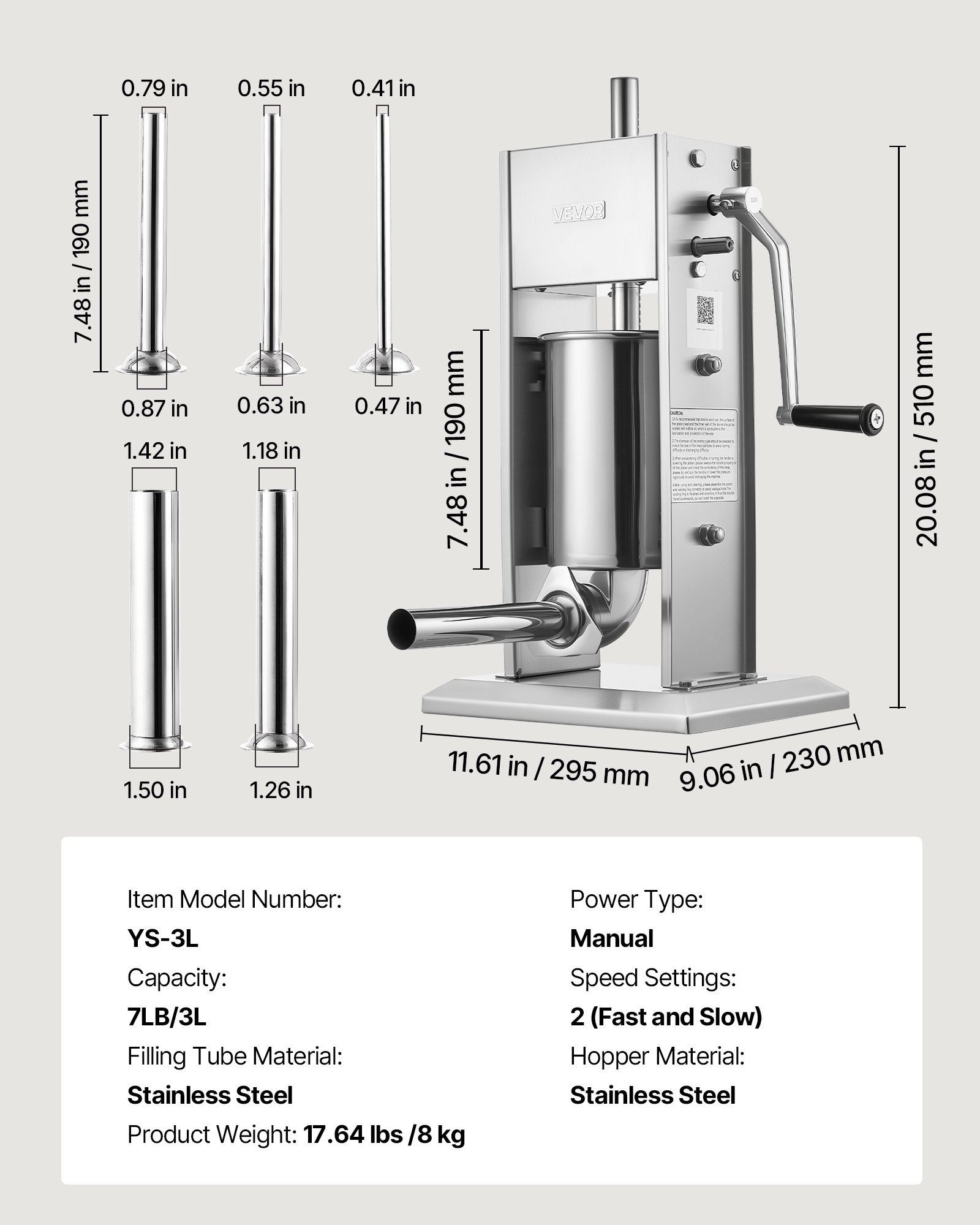 VEVOR Manual Sausage Stuffer, 7 LBS / 3 L Vertical Meat Stuffer, Heavy Duty Sausage Casing Meat Stuffing Machine, Dual-Speed Stainless Steel Filler with 5 Filling Tubes, for Commercial and Home Use