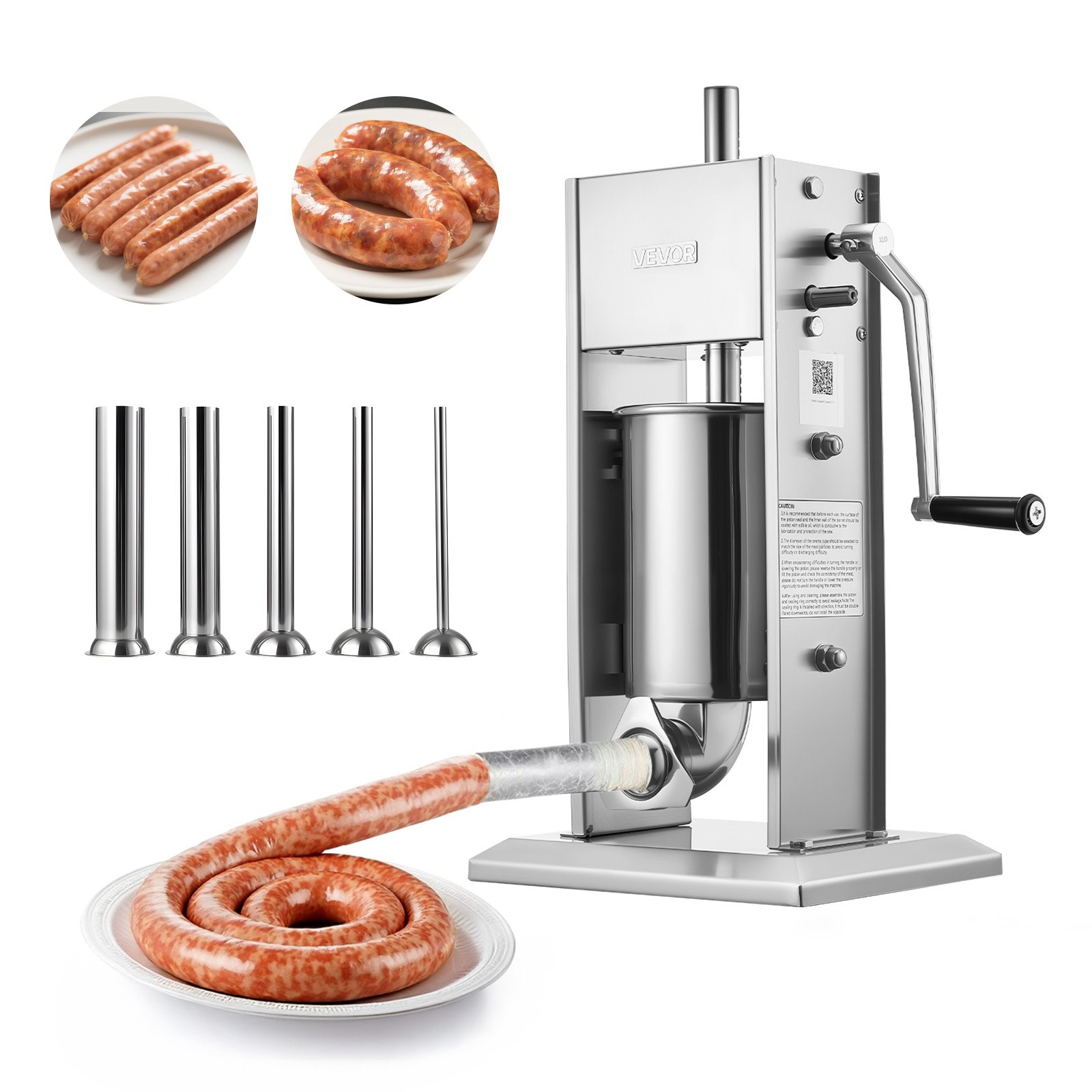 VEVOR Manual Sausage Stuffer, 7 LBS / 3 L Vertical Meat Stuffer, Heavy Duty Sausage Casing Meat Stuffing Machine, Dual-Speed Stainless Steel Filler with 5 Filling Tubes, for Commercial and Home Use