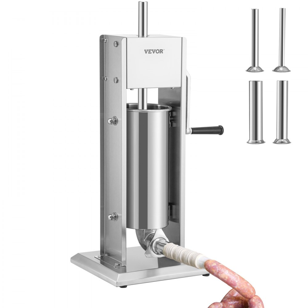 VEVOR Manual Sausage Stuffer, 8LBS/5L Capacity, Two Speed 304 Stainless Steel Vertical Sausage Stuffer, Sausage Filling Machine with 4 Stuffing Tubes, Suction Base for Household or Commercial Use