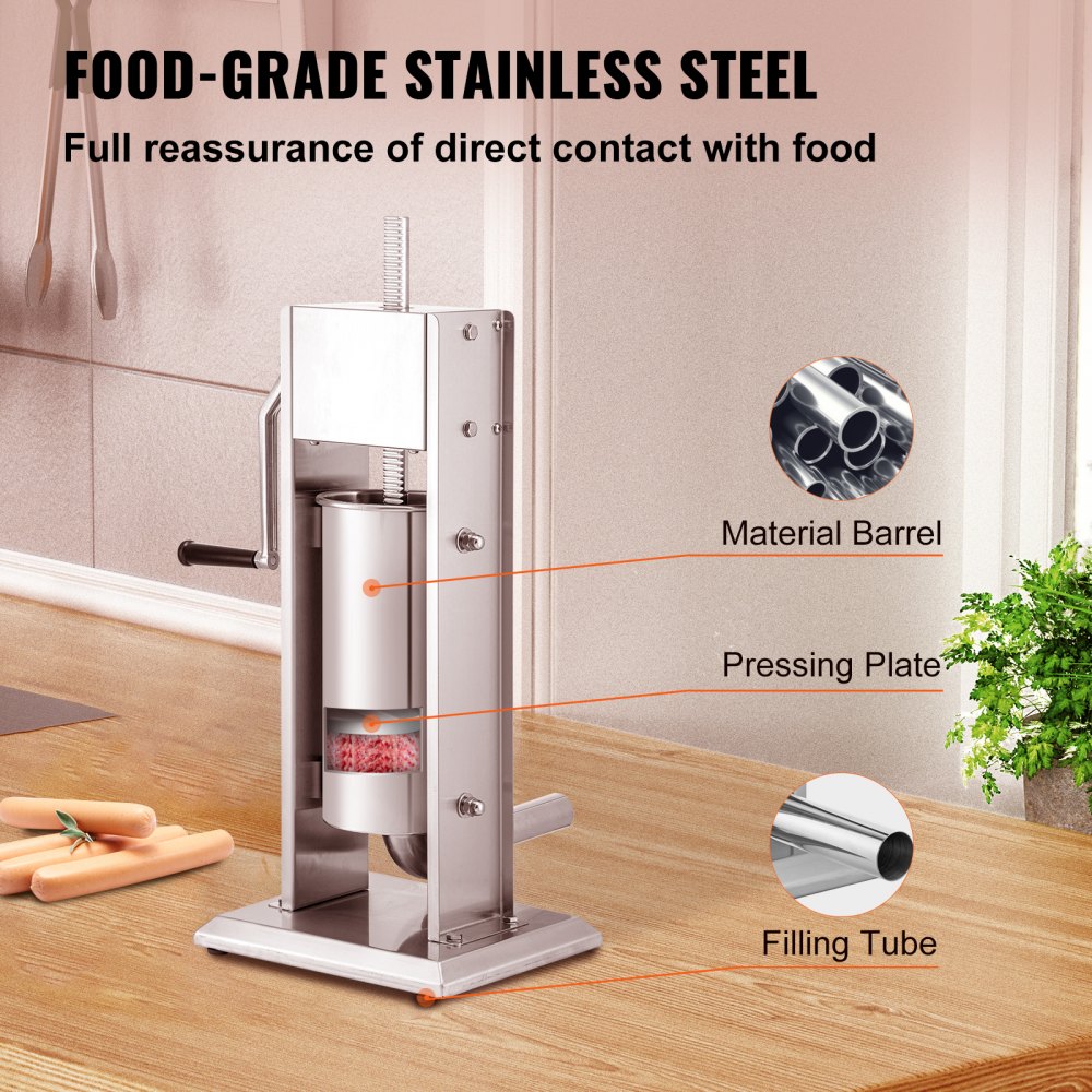 VEVOR Manual Sausage Stuffer, 8LBS/5L Capacity, Two Speed 304 Stainless Steel Vertical Sausage Stuffer, Sausage Filling Machine with 4 Stuffing Tubes, Suction Base for Household or Commercial Use