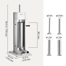 VEVOR Manual Sausage Stuffer, 11LBS/7L Capacity, Two Speed 304 Stainless Steel Vertical Sausage Stuffer, Sausage Filling Machine with 4 Stuffing Tubes, Suction Base for Household or Commercial Use
