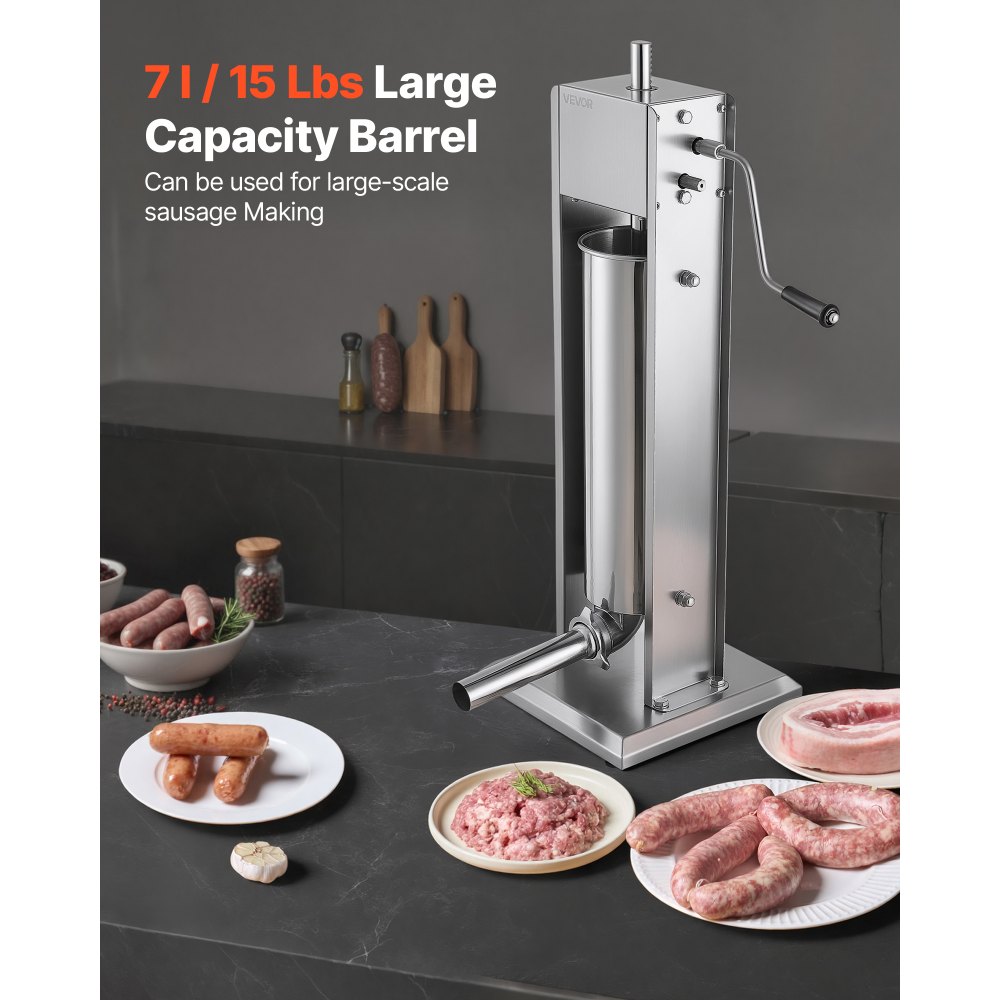 VEVOR Manual Sausage Stuffer 7L/15LBS Vertical Sausage Machine Dual-Speed, Food-Grade 304 Stainless Steel Meat Stuffer, Includes 5 Stuffing Tubes, for Home Kitchen Restaurant Commercial