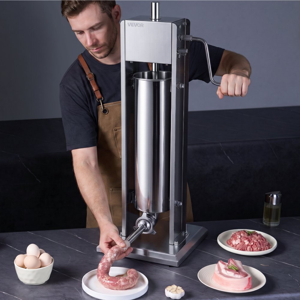 VEVOR Manual Sausage Stuffer 7L/15LBS Vertical Sausage Machine Dual-Speed, Food-Grade 304 Stainless Steel Meat Stuffer, Includes 5 Stuffing Tubes, for Home Kitchen Restaurant Commercial