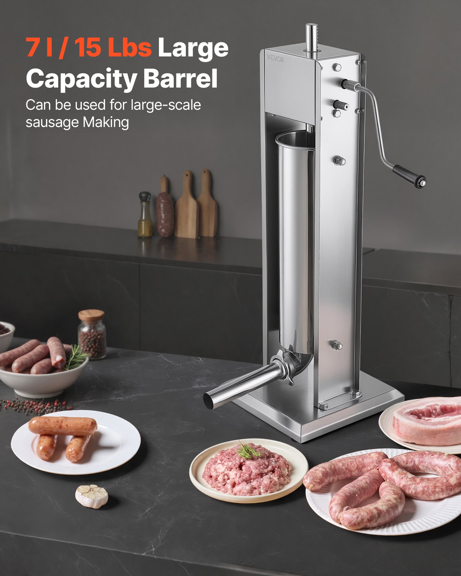 VEVOR Manual Sausage Stuffer 7L/15LBS Vertical Sausage Machine Dual-Speed, Food-Grade 304 Stainless Steel Meat Stuffer, Includes 5 Stuffing Tubes, for Home Kitchen Restaurant Commercial