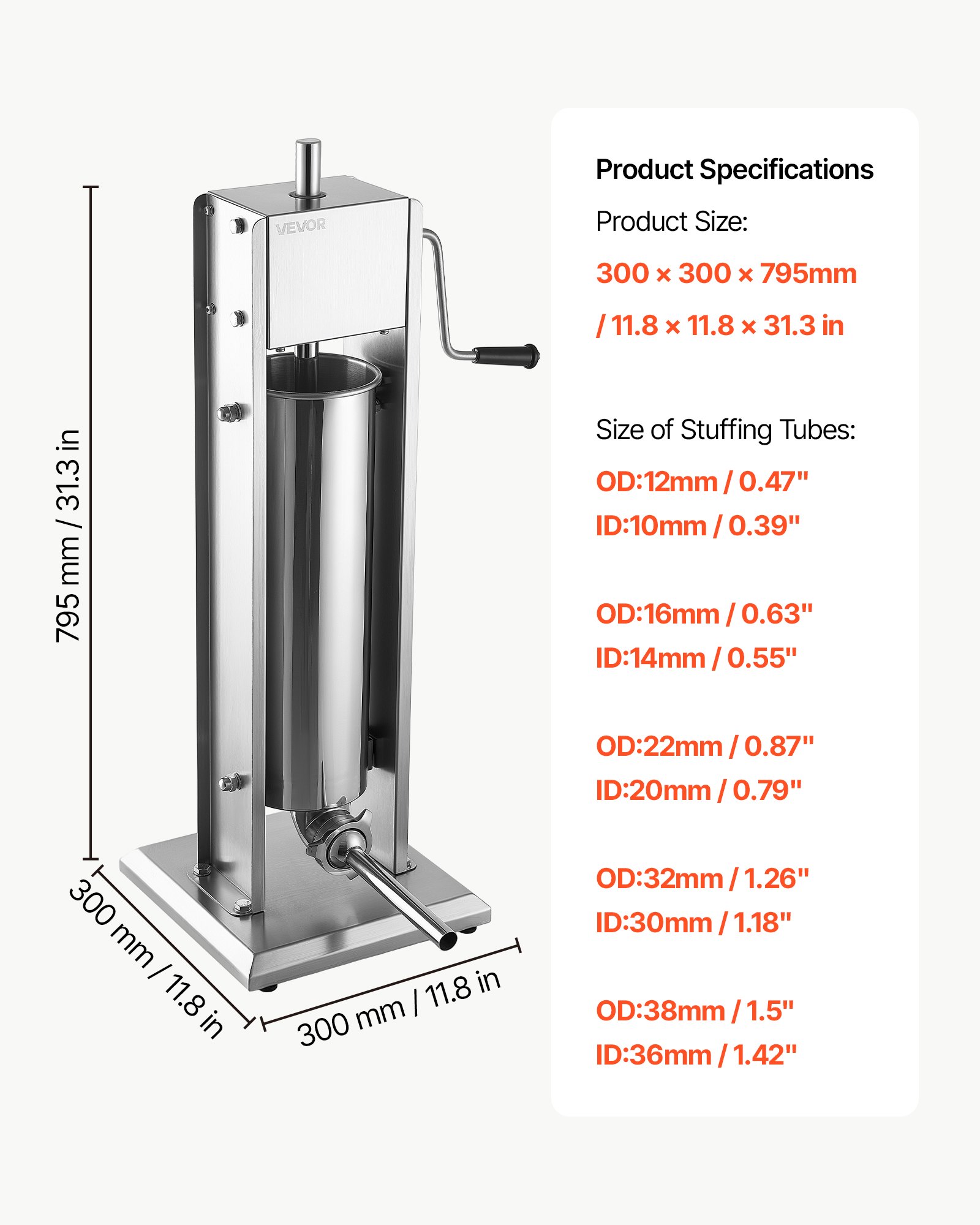 VEVOR Manual Sausage Stuffer 7L/15LBS Vertical Sausage Machine Dual-Speed, Food-Grade 304 Stainless Steel Meat Stuffer, Includes 5 Stuffing Tubes, for Home Kitchen Restaurant Commercial