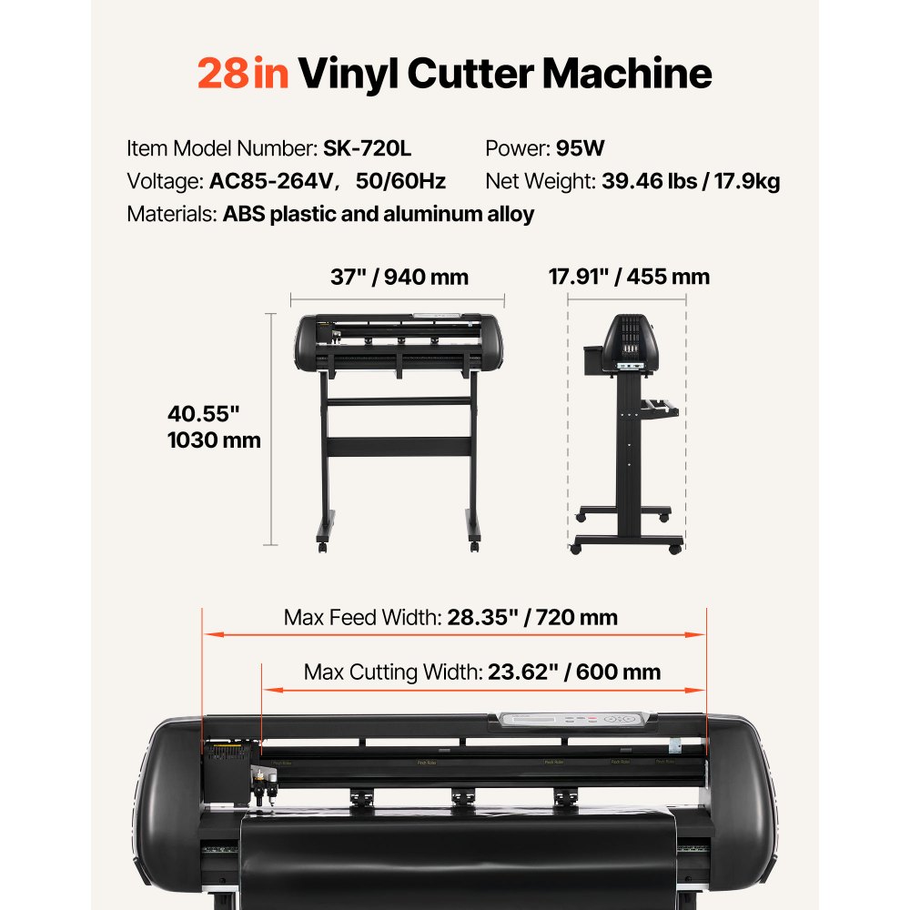VEVOR Vinyl Cutter Machine, 28 inch Max Feed Width, Dual Blades, Adjustable Force and Speed, LED Display, Vinyl Plotter Cutter Printer Bundle with Sticker Sheets, Transfer Film, Signmaster Software