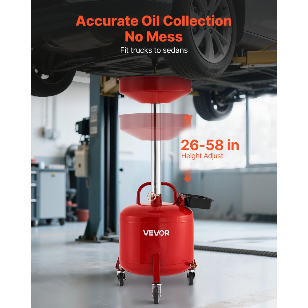 VEVOR 30L Waste Oil Drain Tank, Industrial Fluid Drain Tank with Adjustable Funnel Height, Portable Oil Drainer with Wheels & Toolbox, Fluid Fuel Transfer Drainage for Auto Repair Shops, Red