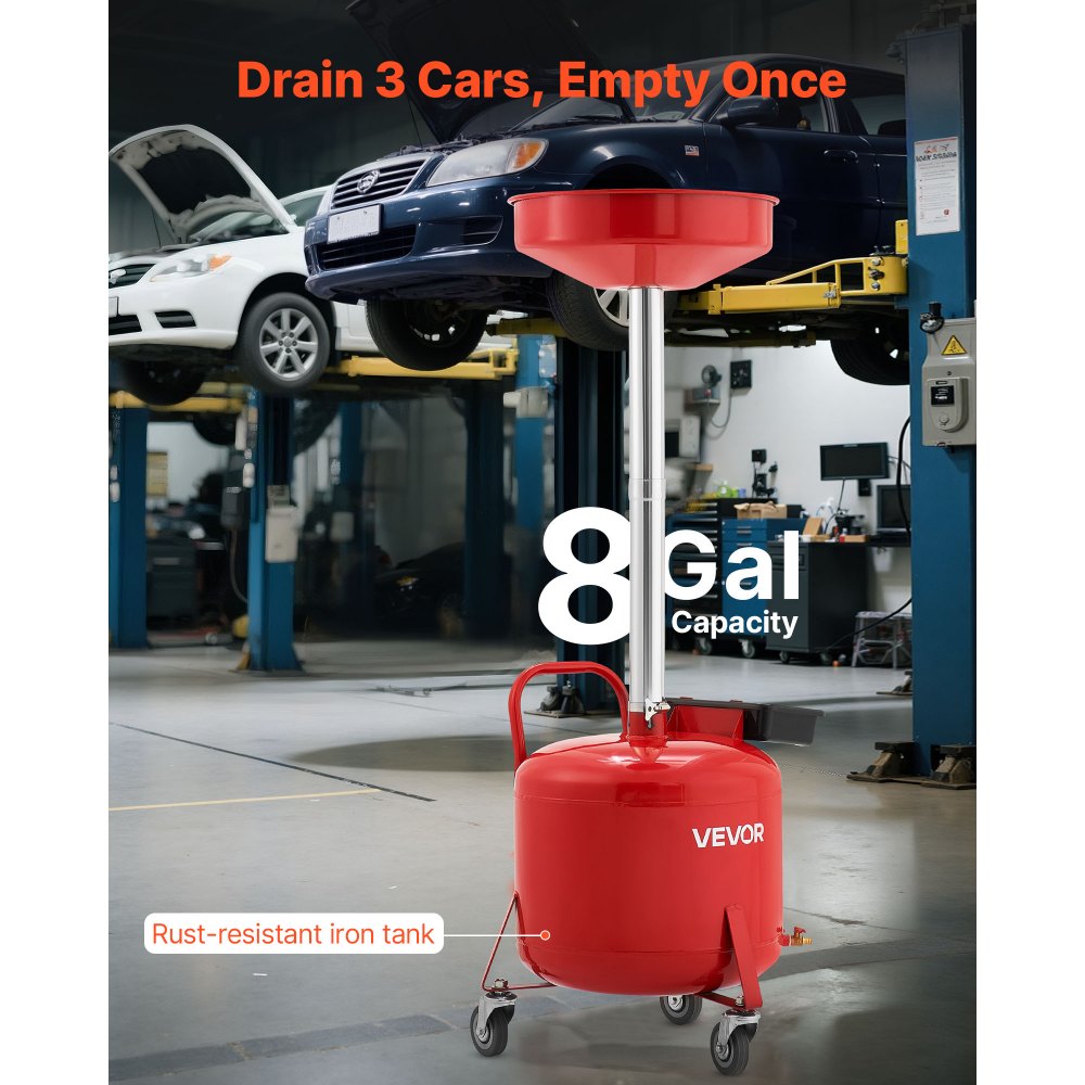 VEVOR 30L Waste Oil Drain Tank, Industrial Fluid Drain Tank with Adjustable Funnel Height, Portable Oil Drainer with Wheels & Toolbox, Fluid Fuel Transfer Drainage for Auto Repair Shops, Red