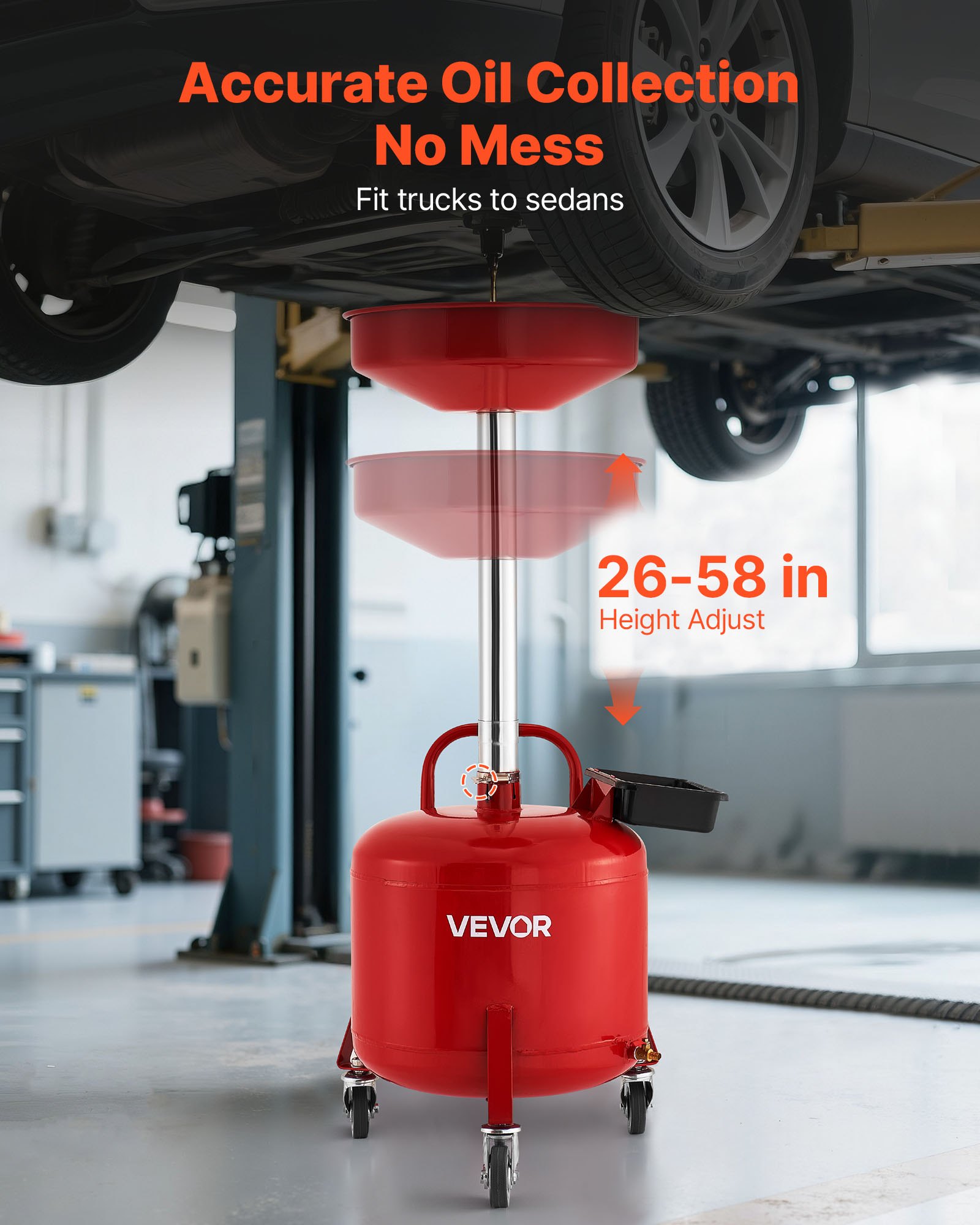 VEVOR 30L Waste Oil Drain Tank, Industrial Fluid Drain Tank with Adjustable Funnel Height, Portable Oil Drainer with Wheels & Toolbox, Fluid Fuel Transfer Drainage for Auto Repair Shops, Red