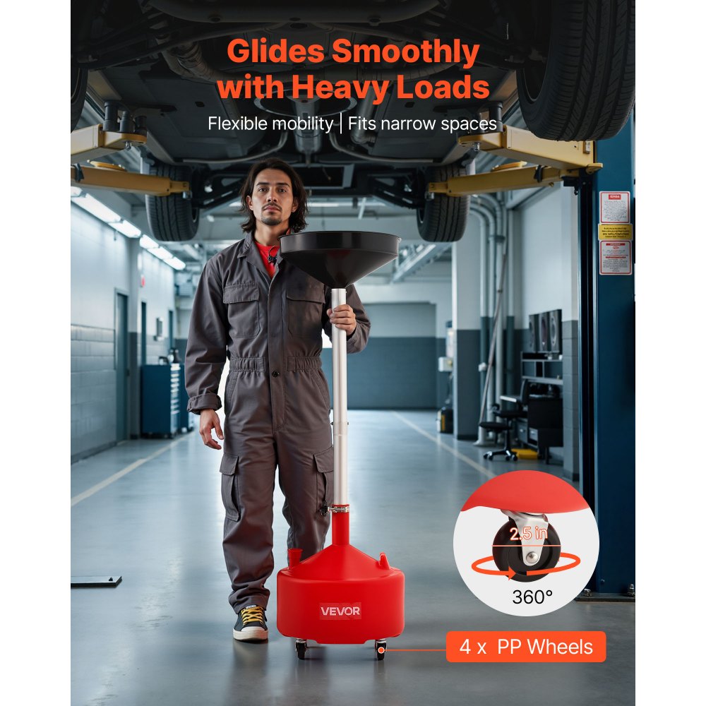 VEVOR 30L Waste Oil Drain Tank, Industrial Fluid Drain Tank with Adjustable Funnel Height, Portable Oil Drainer with Wheels, Fluid Fuel Transfer Drainage for Auto Repair Shops, Garages, Red