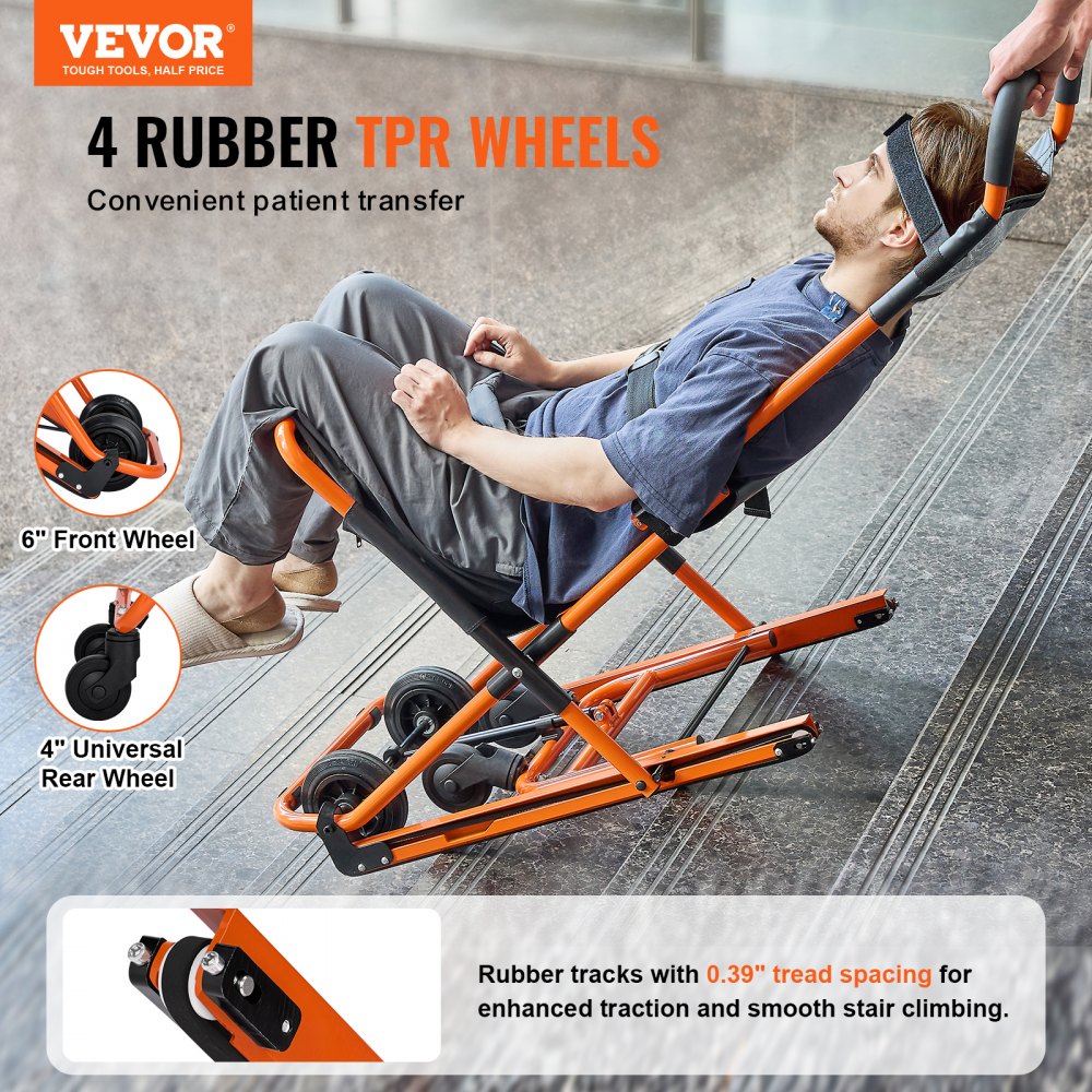 VEVOR Manual Stair Chair, 350 lbs Load Capacity, Foldable Emergency Stair Wheelchair with 4 Wheels, Portable Transport Stair Chair Ambulance Firefighter Evacuation Use for Elderly, Disabled Transfer
