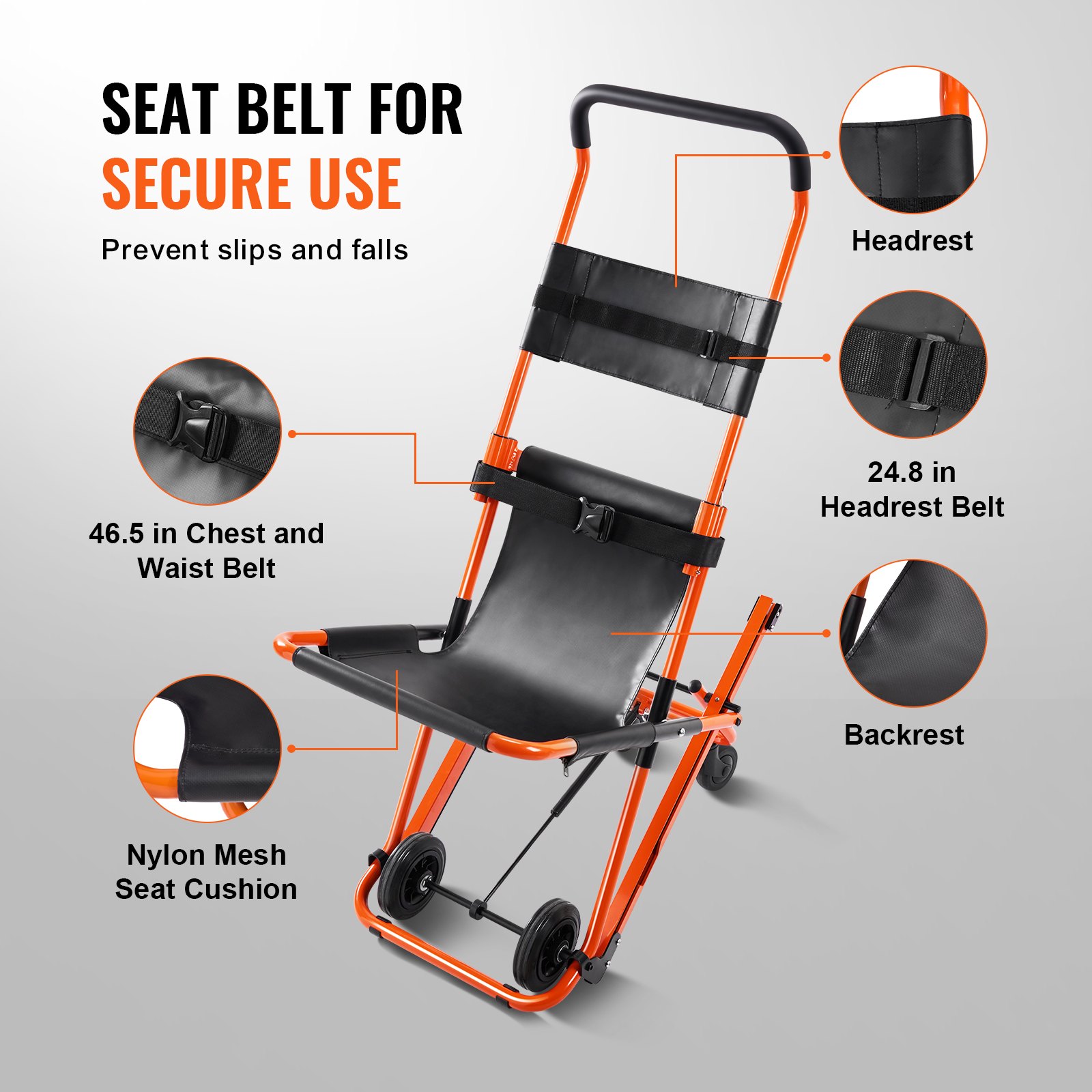 VEVOR Manual Stair Chair, 350 lbs Load Capacity, Foldable Emergency Stair Wheelchair with 4 Wheels, Portable Transport Stair Chair Ambulance Firefighter Evacuation Use for Elderly, Disabled Transfer