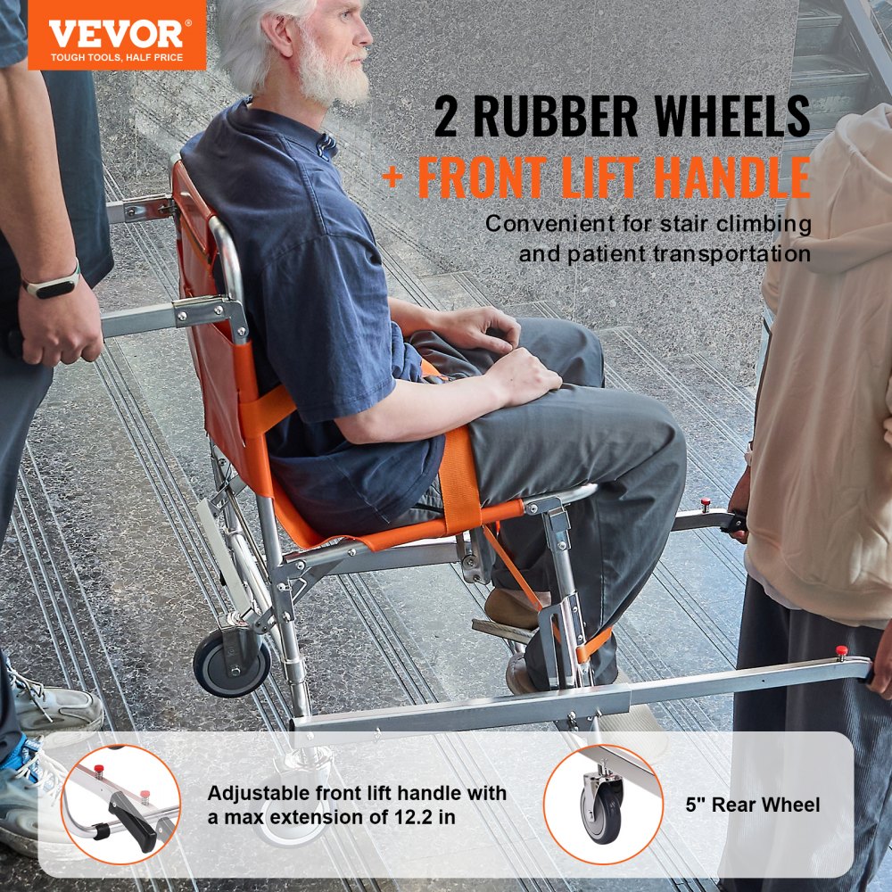 VEVOR EMS Stair Chair, 350 lbs Load Capacity, Foldable Aluminum Emergency Stair Climbing Wheelchair with 2 Wheels, Portable Stair Lift Chair Ambulance Firefighter Evacuation Use for Elderly, Disabled